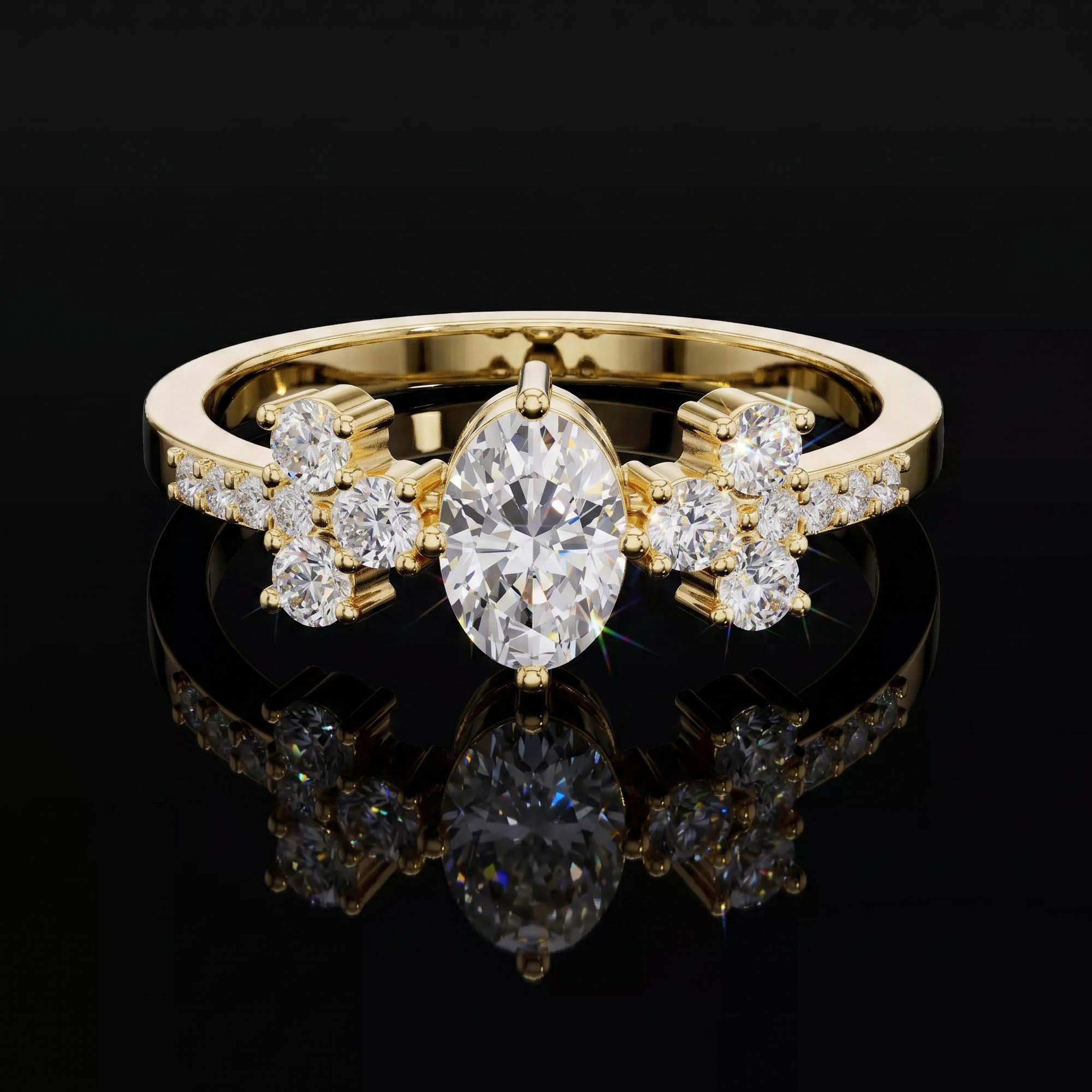 Aura 0,61 Karat Oval Kesim Çiçek Buketi Yan Taşlı Pavé CVD Pırlanta Lab Grown Yüzük    (14 ayar 1.81Gr altin)