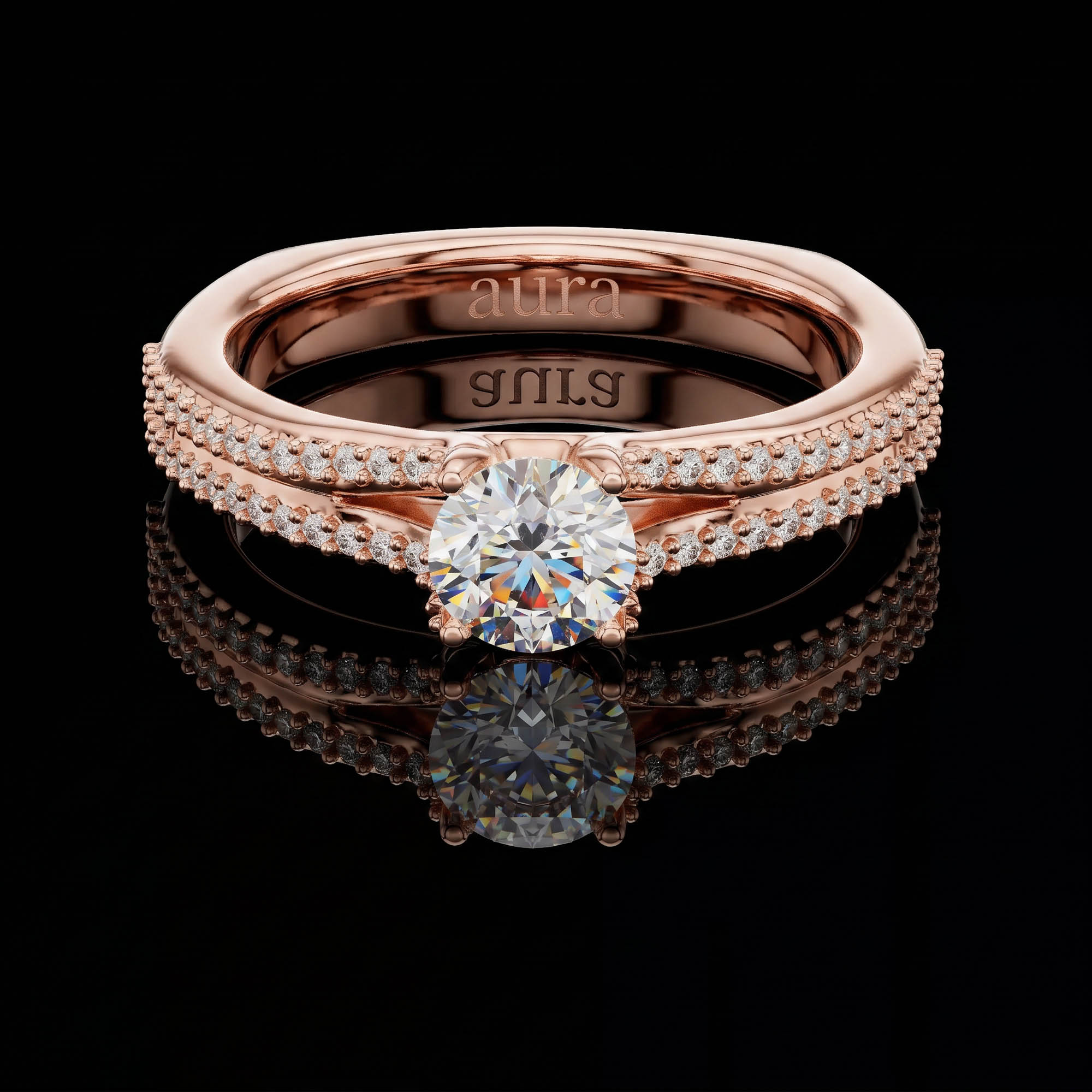 Aura 0,87 Karat Çift Sıra Mikro Taşlı Euro-Shank CVD Pırlanta Lab Grown Tektaş Yüzük (14 ayar 4.43Gr altin)