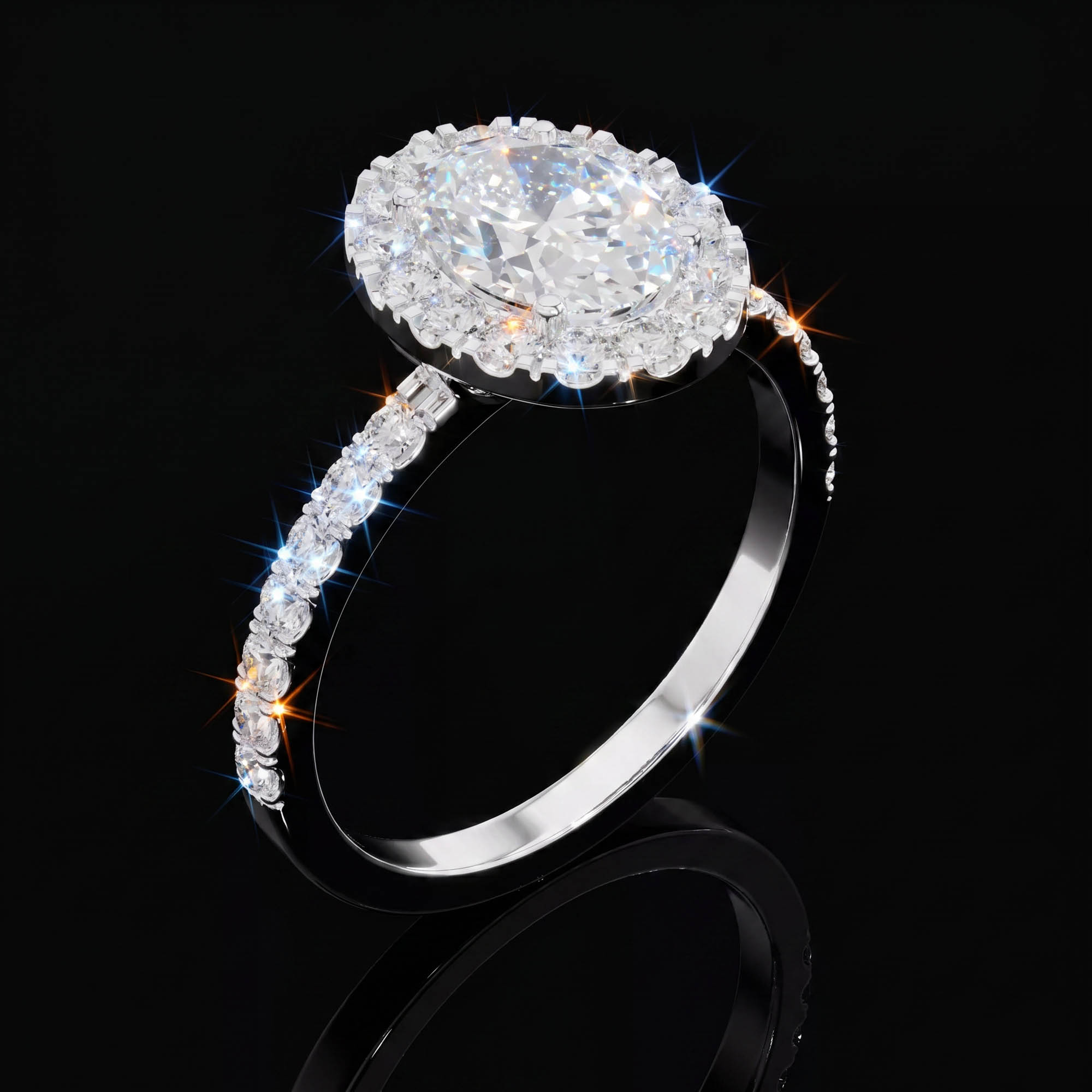 Oval Tektaşlar Aura 1,44 Karat Oval Kesim Halo Çerçeveli Pavé Kollu CVD Pırlanta Lab Grown Tektaş Yüzük