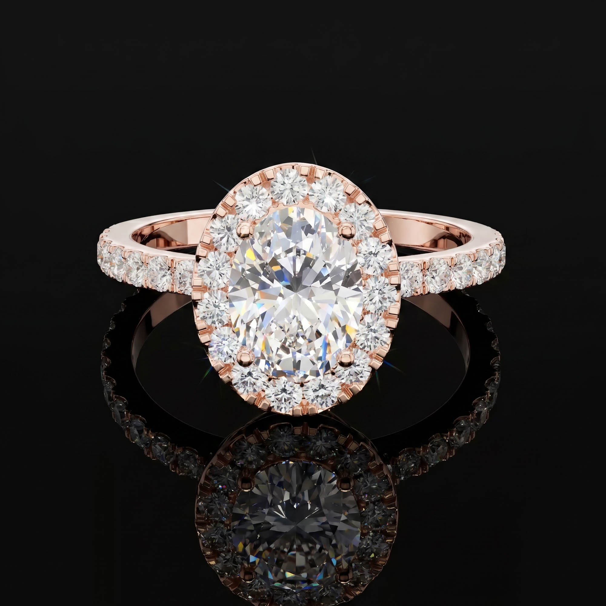Oval Tektaşlar Aura 1,44 Karat Oval Kesim Halo Çerçeveli Pavé Kollu CVD Pırlanta Lab Grown Tektaş Yüzük