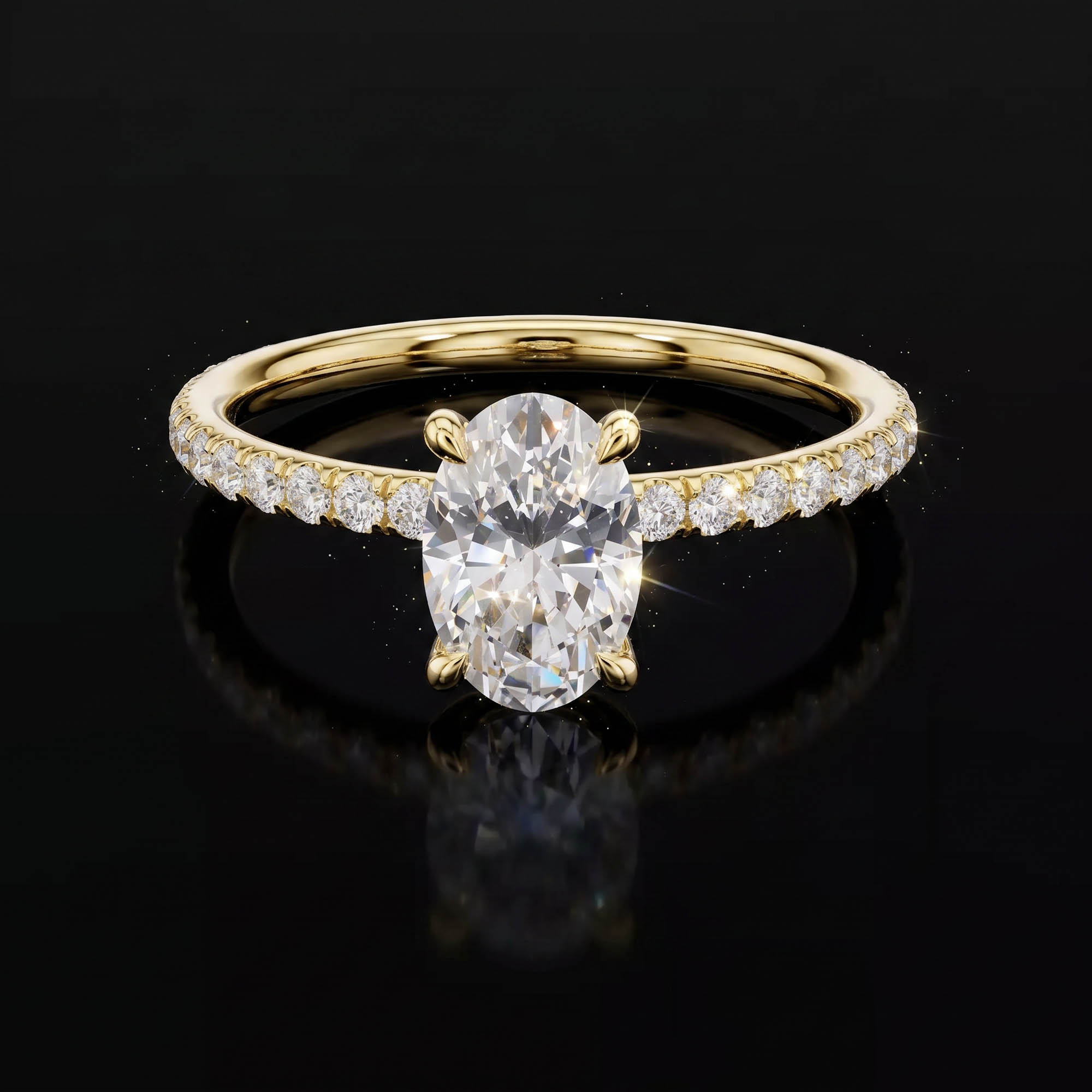 Aura 1,47 Karat Oval Kesim Tamtur Pavé Kollu CVD Pırlanta Lab Grown Tektaş Yüzük (14 ayar 1.49Gr altin)