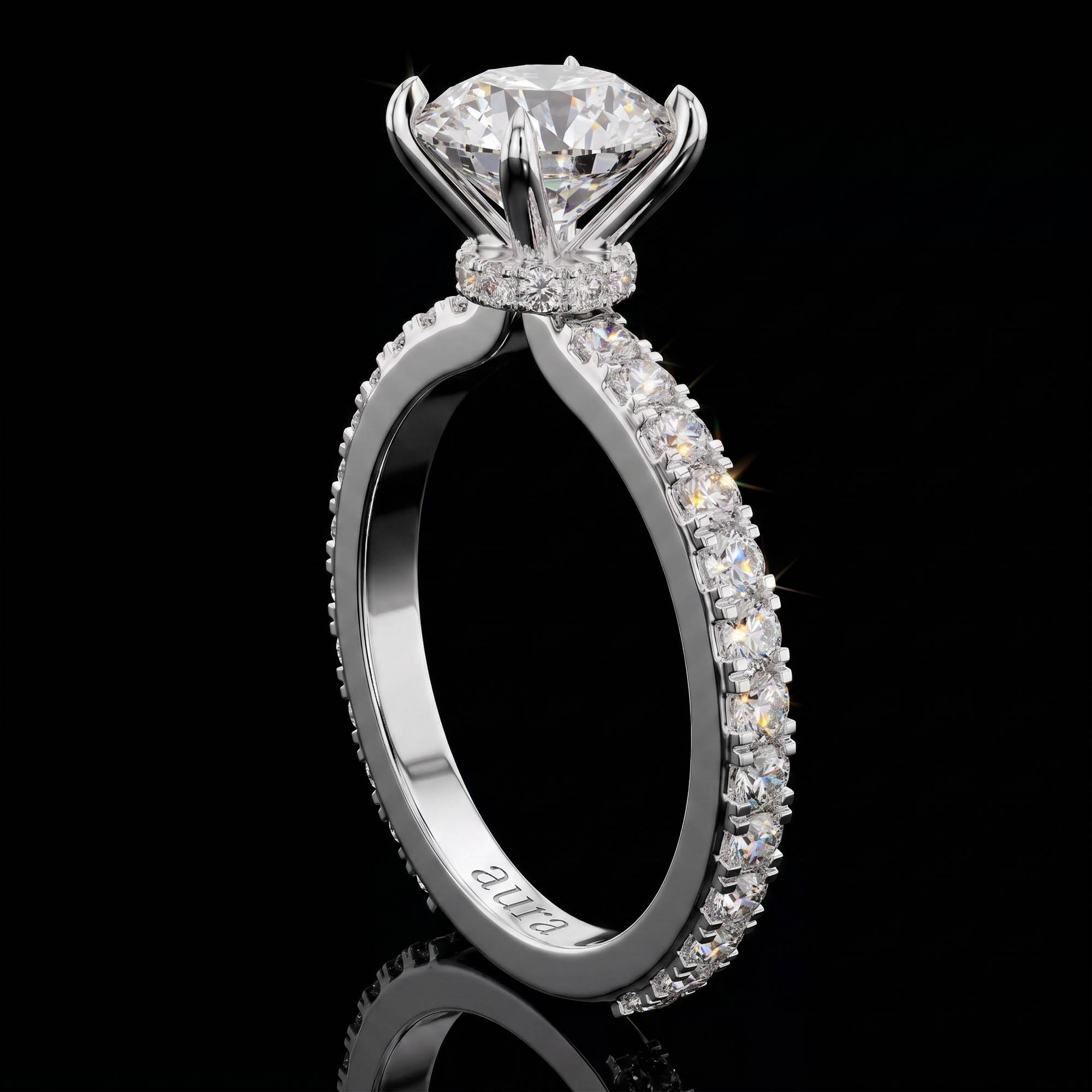 Aura 1,65 Karat Gizli Halo ve Pavé Kollu CVD Pırlanta Lab Grown Tektaş Yüzük (14 ayar 2.04Gr altin)