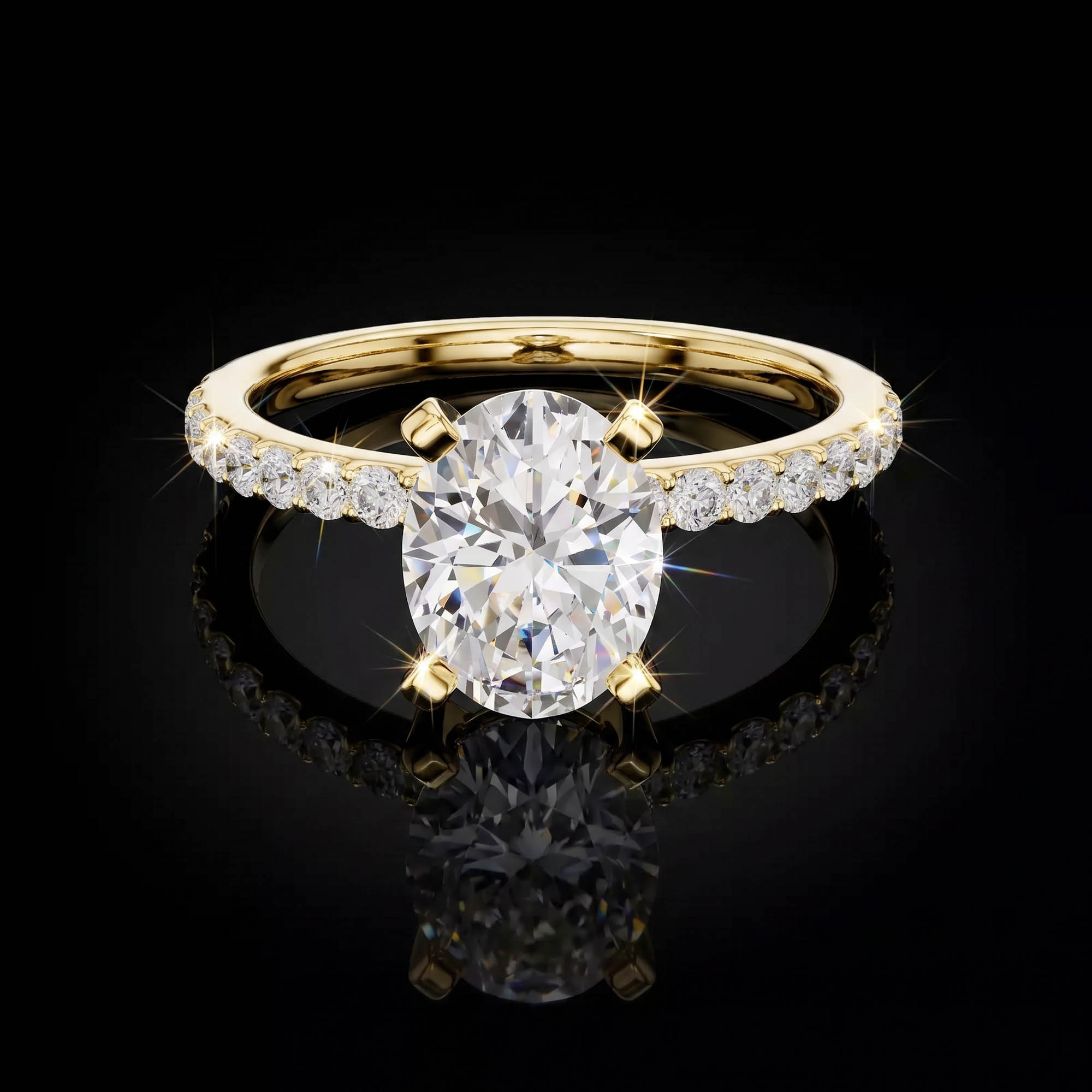 Aura 2,22 Karat Oval Kesim Pavé Kollu Klasik Dört Tırnak CVD Pırlanta Lab Grown Tektaş Yüzük    (14 ayar 2.36Gr altin)