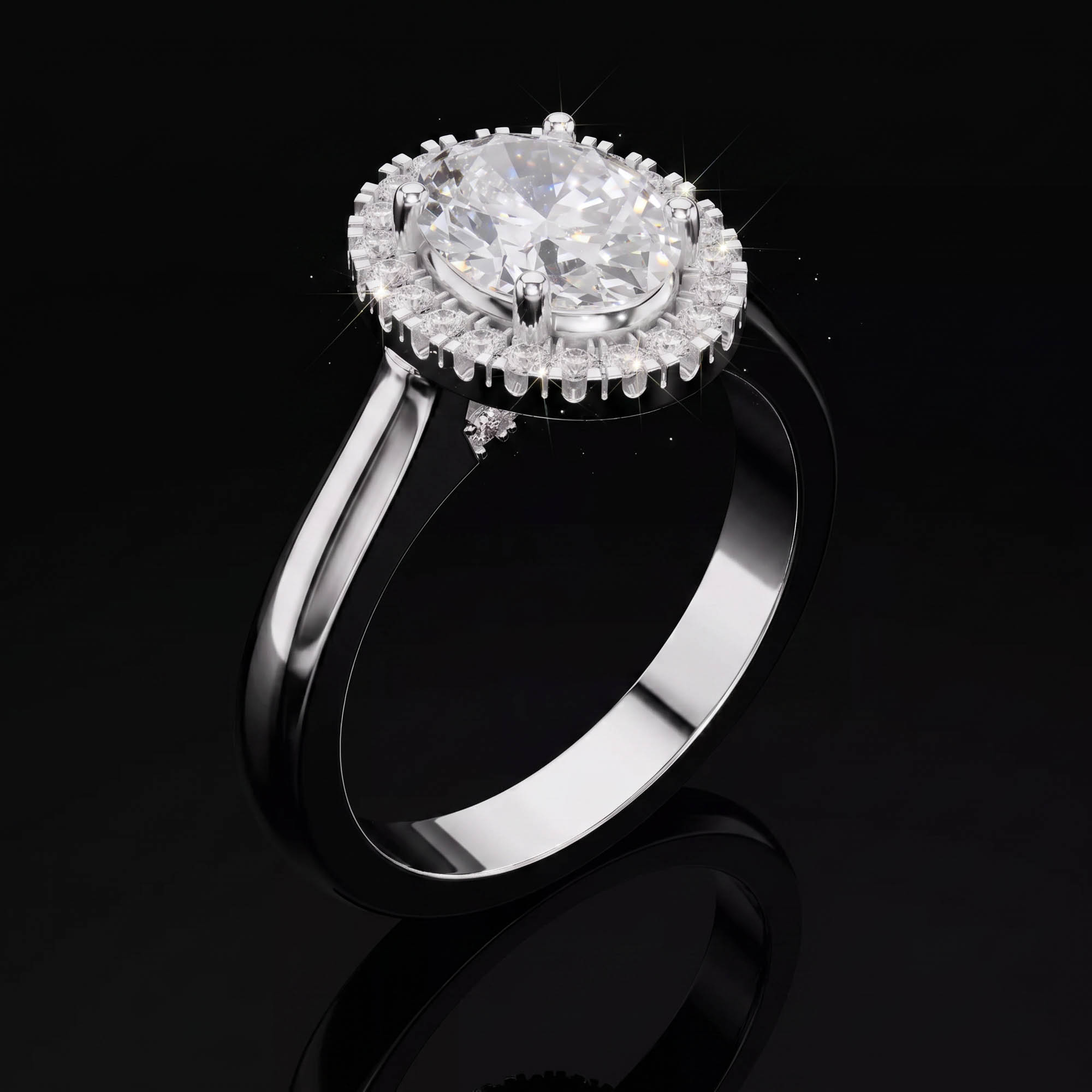 Oval Tektaşlar Aura 2,25 Karat Oval Kesim Halo Taşlı Köprü Pavé Detaylı Sade Kollu CVD Pırlanta Lab Grown Tektaş Yüzük