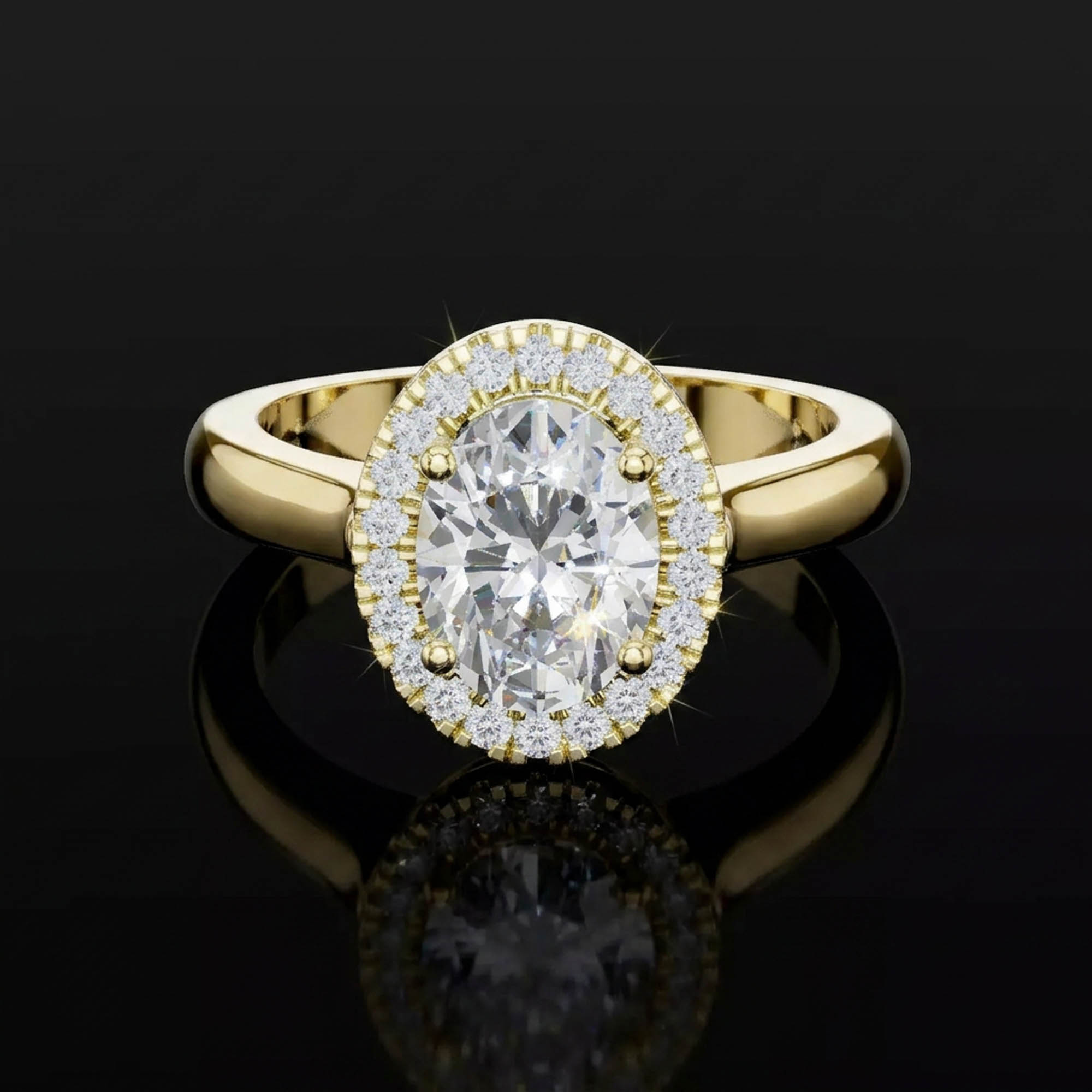 Oval Tektaşlar Aura 2,25 Karat Oval Kesim Halo Taşlı Köprü Pavé Detaylı Sade Kollu CVD Pırlanta Lab Grown Tektaş Yüzük