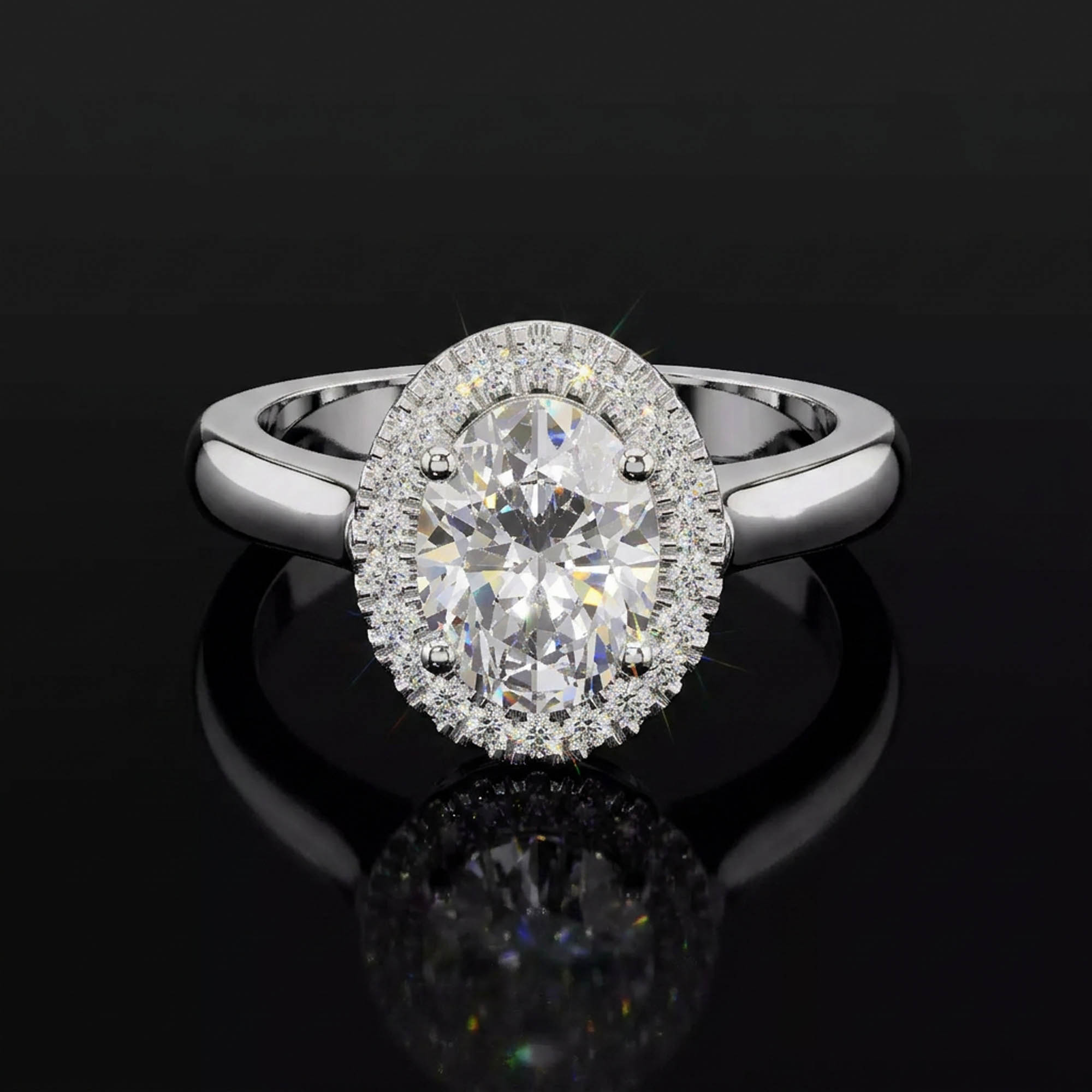 Oval Tektaşlar Aura 2,25 Karat Oval Kesim Halo Taşlı Köprü Pavé Detaylı Sade Kollu CVD Pırlanta Lab Grown Tektaş Yüzük