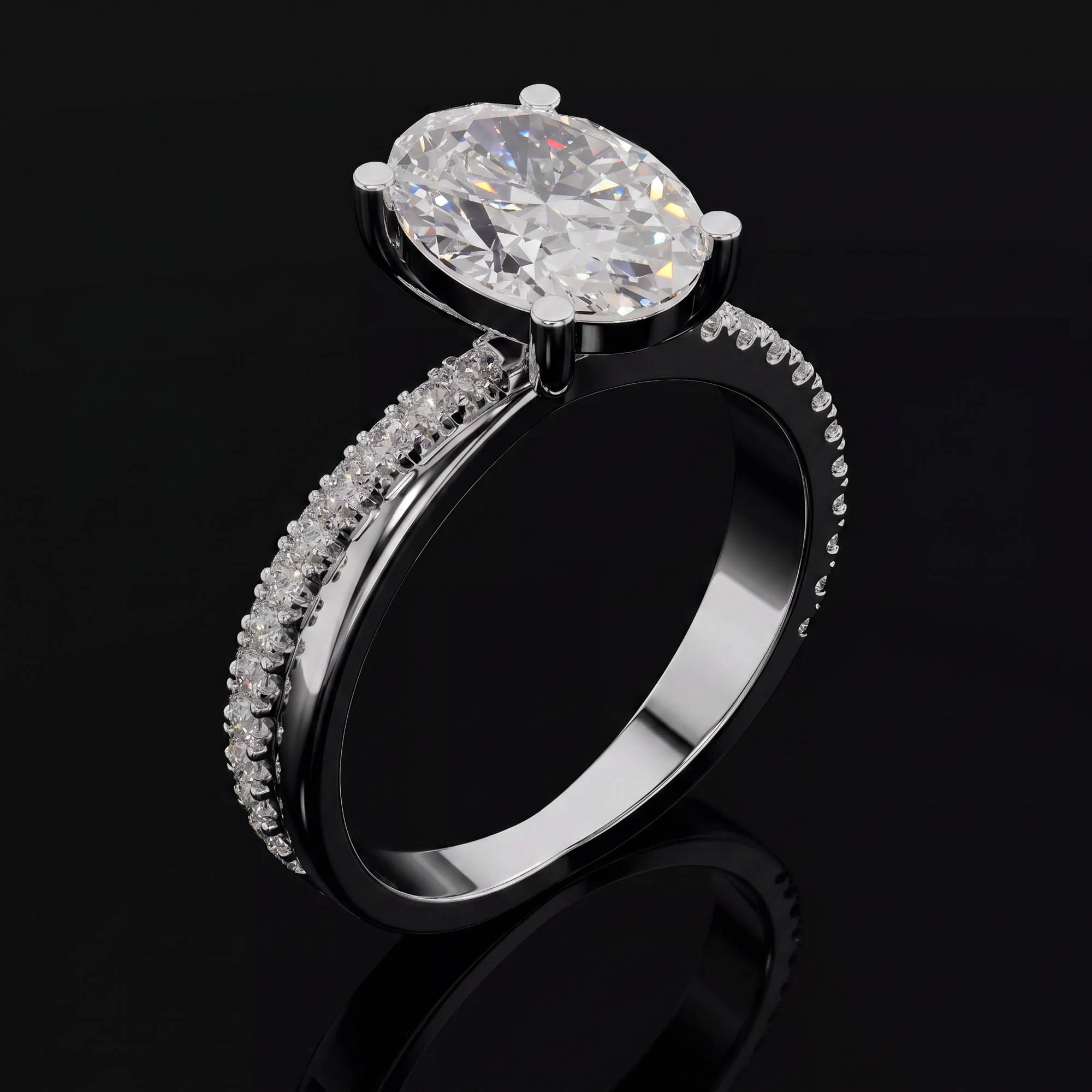 Aura 2,31 Karat Oval Kesim Çapraz Çift Bant Pavé Taşlı CVD Pırlanta Lab Grown Tektaş Yüzük (14 ayar 3.23Gr altin)