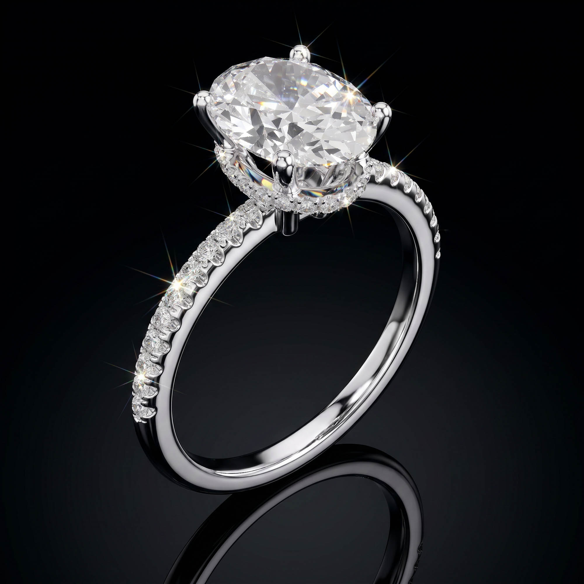 Oval Tektaşlar Aura 2,31 Karat Oval Kesim Gizli Halo Pavé Kollu CVD Pırlanta Lab Grown Tektaş Yüzük