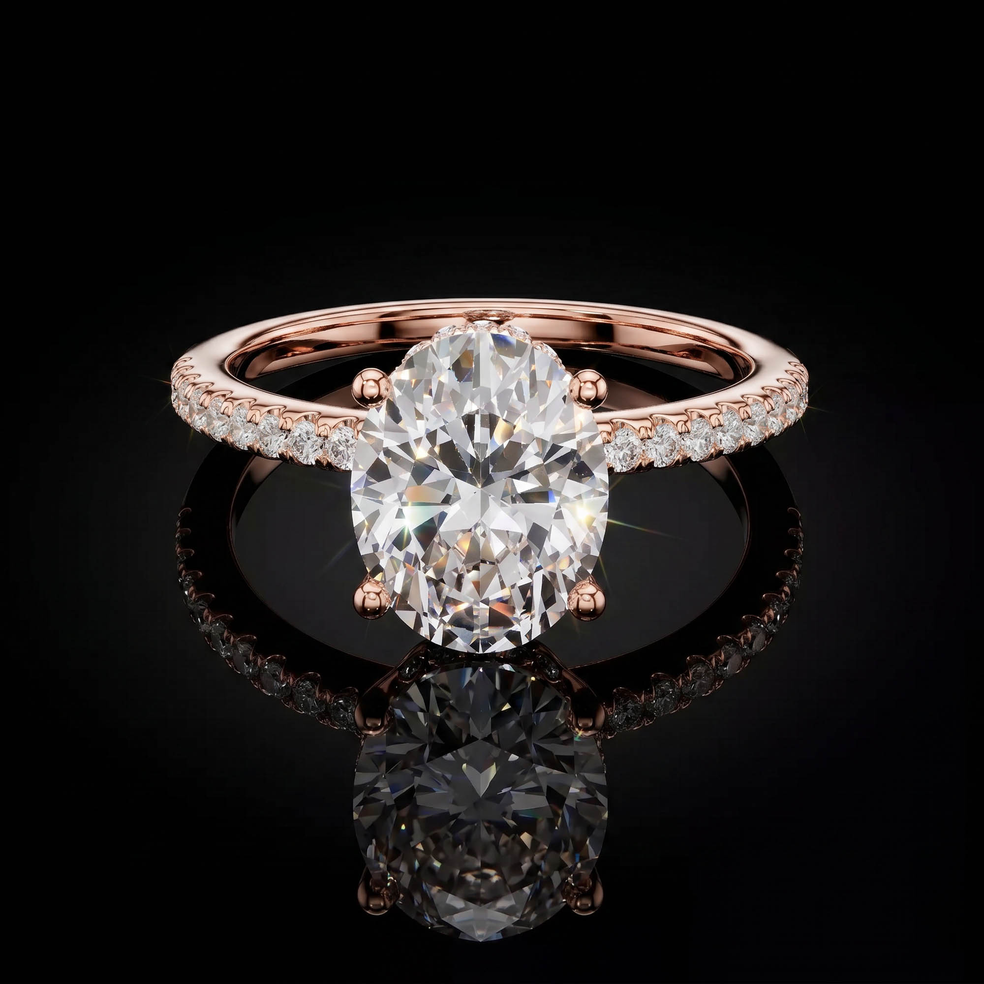 Oval Tektaşlar Aura 2,31 Karat Oval Kesim Gizli Halo Pavé Kollu CVD Pırlanta Lab Grown Tektaş Yüzük