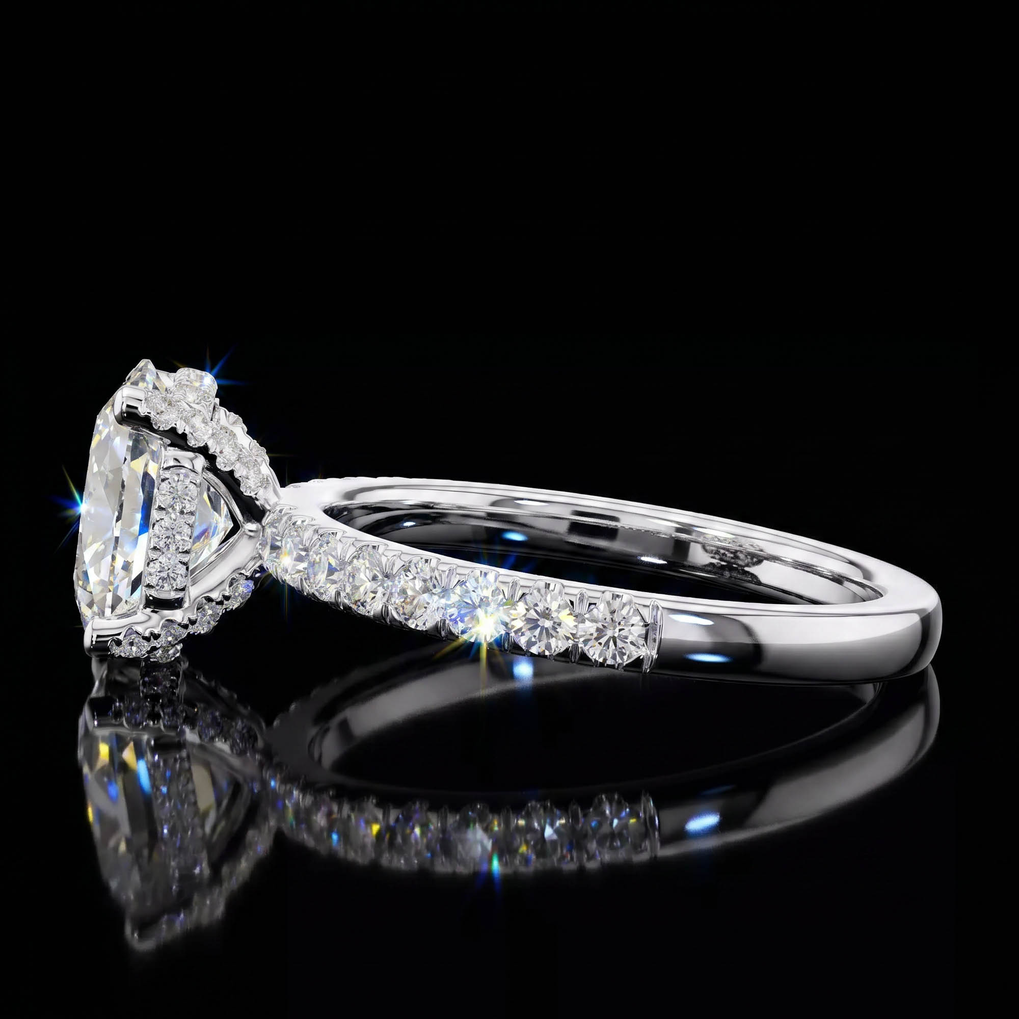 Oval Tektaşlar Aura 2,47 Karat Oval Kesim Çift Gizli Halo Pavé Kollu CVD Pırlanta Lab Grown Tektaş Yüzük