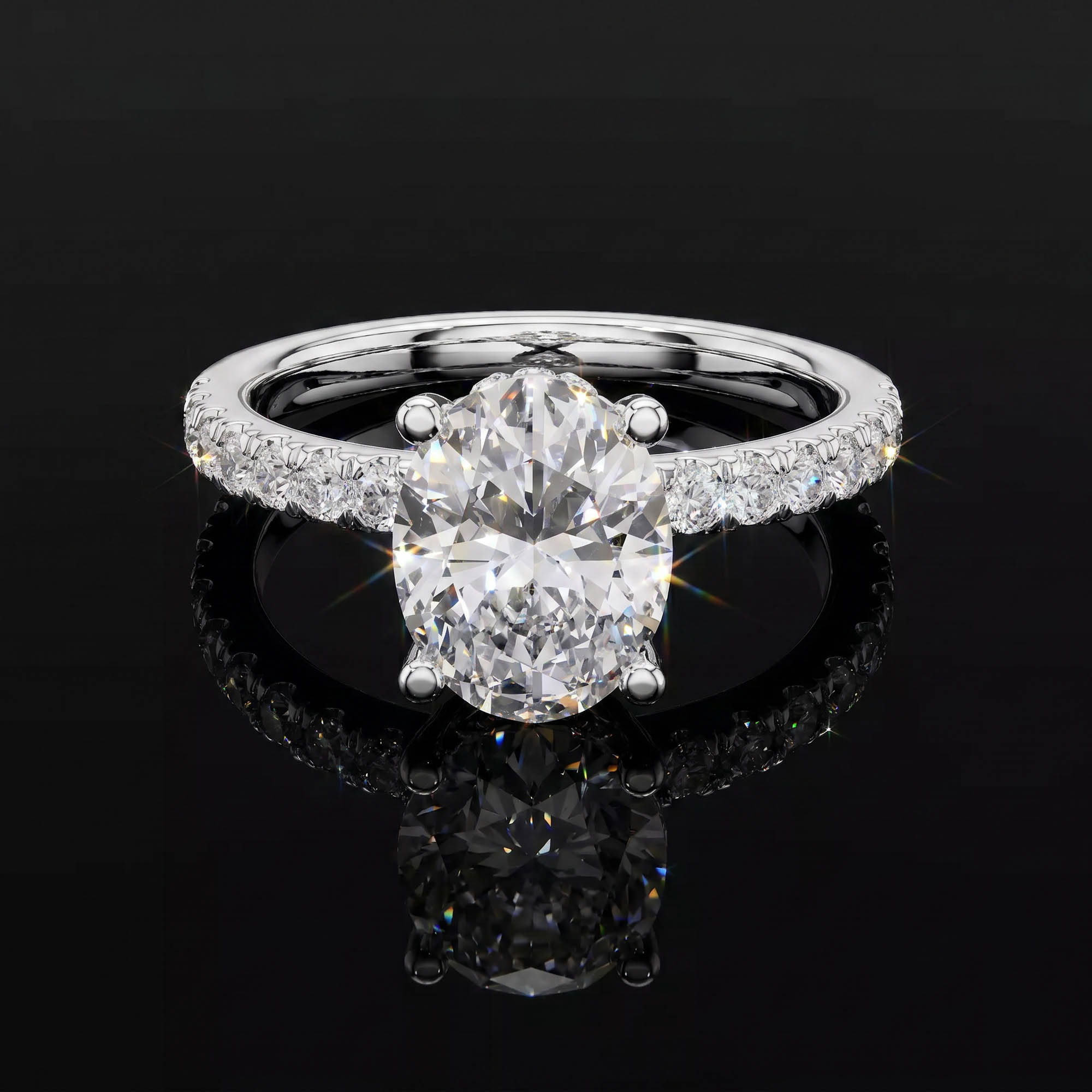 Oval Tektaşlar Aura 2,47 Karat Oval Kesim Çift Gizli Halo Pavé Kollu CVD Pırlanta Lab Grown Tektaş Yüzük