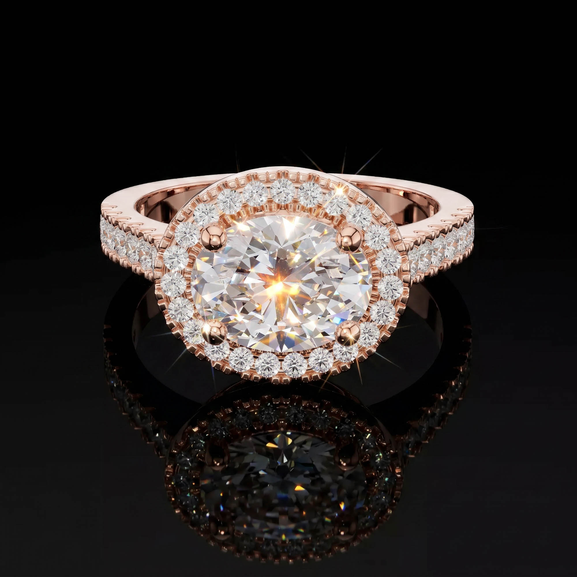 Oval Tektaşlar Aura 2,54 Karat Oval Kesim Halo Çerçeveli Köprü Pavé Taşlı CVD Pırlanta Lab Grown Tektaş Yüzük