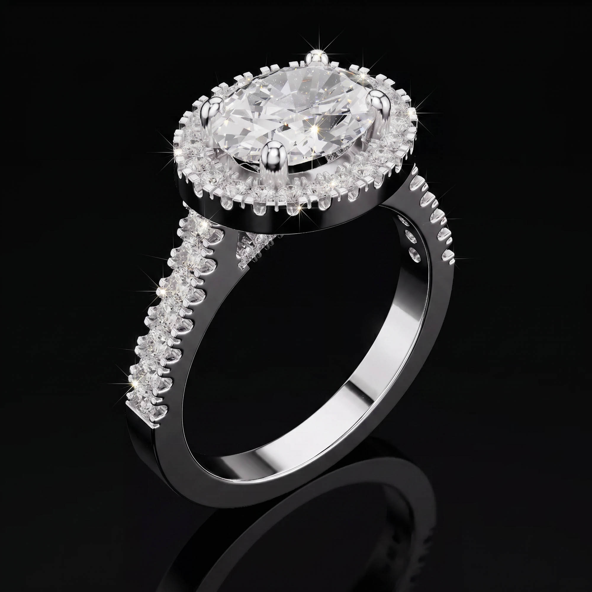 Oval Tektaşlar Aura 2,54 Karat Oval Kesim Halo Çerçeveli Köprü Pavé Taşlı CVD Pırlanta Lab Grown Tektaş Yüzük