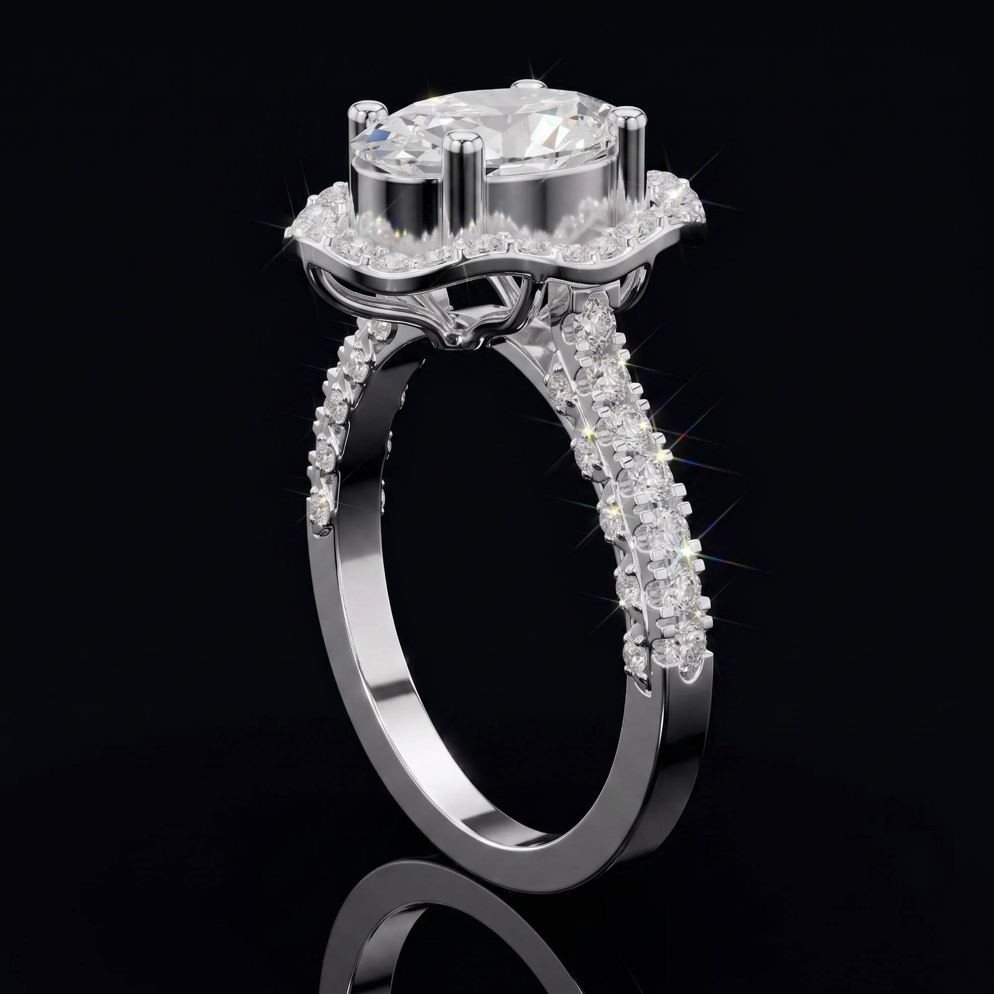 Aura 2,59 Karat Oval Kesim Çift Sıra Halo ve Pavé Kollu CVD Pırlanta Lab Grown Tektaş Yüzük    (14 ayar 3.73Gr altin)