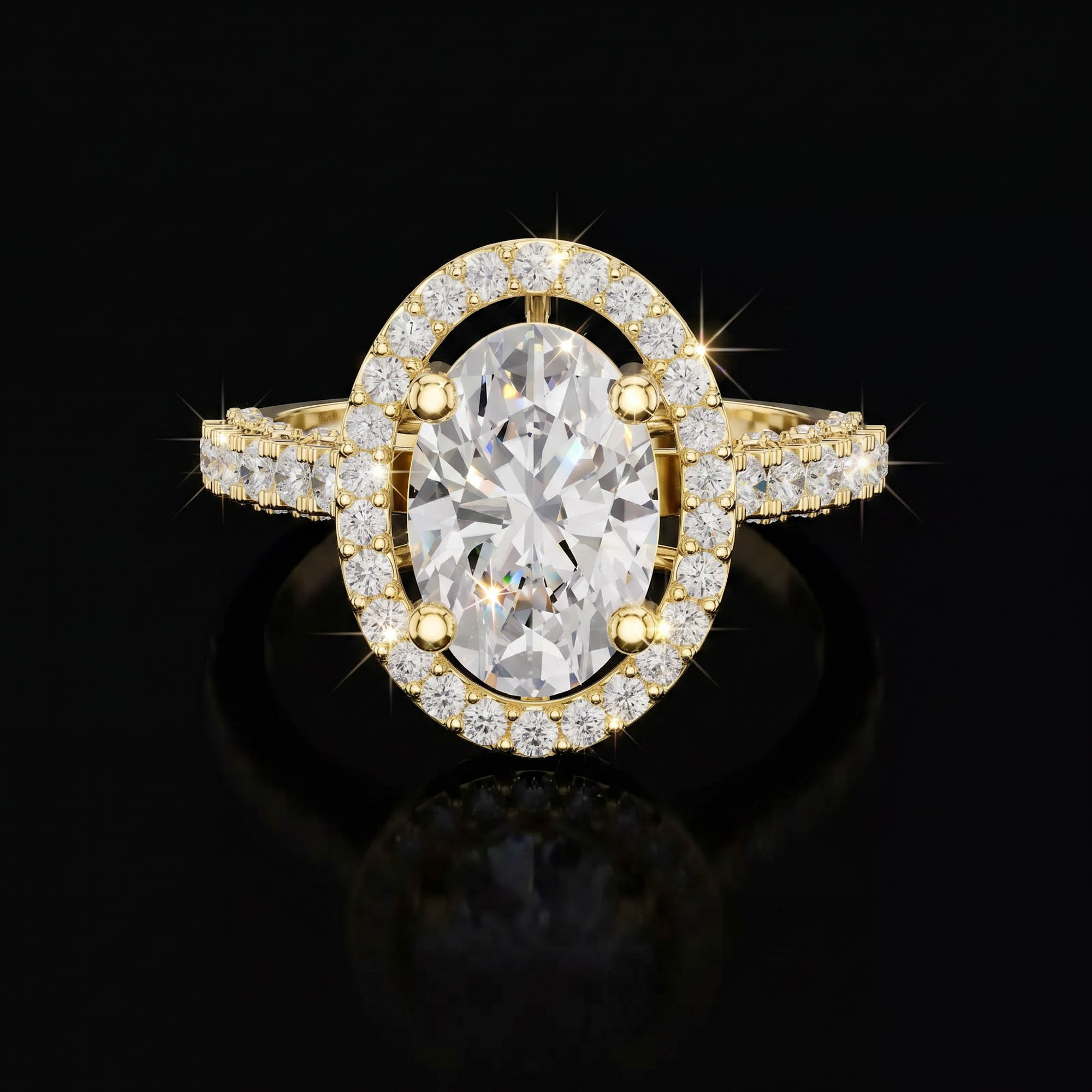 Aura 2,59 Karat Oval Kesim Çift Sıra Halo ve Pavé Kollu CVD Pırlanta Lab Grown Tektaş Yüzük    (14 ayar 3.73Gr altin)