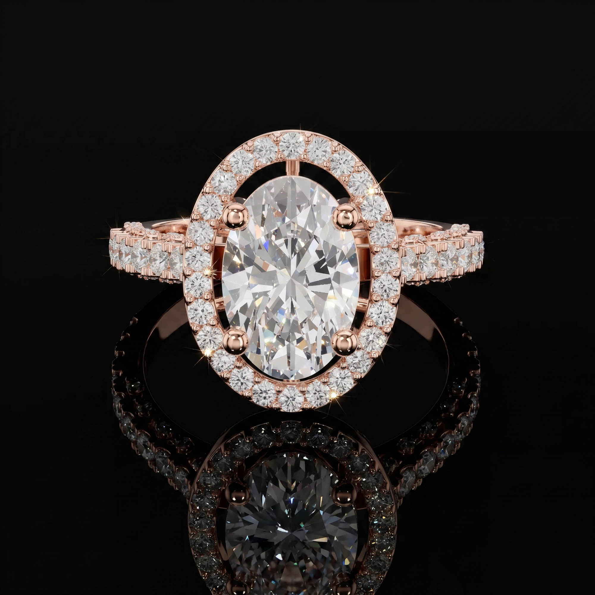Aura 2,59 Karat Oval Kesim Çift Sıra Halo ve Pavé Kollu CVD Pırlanta Lab Grown Tektaş Yüzük    (14 ayar 3.73Gr altin)