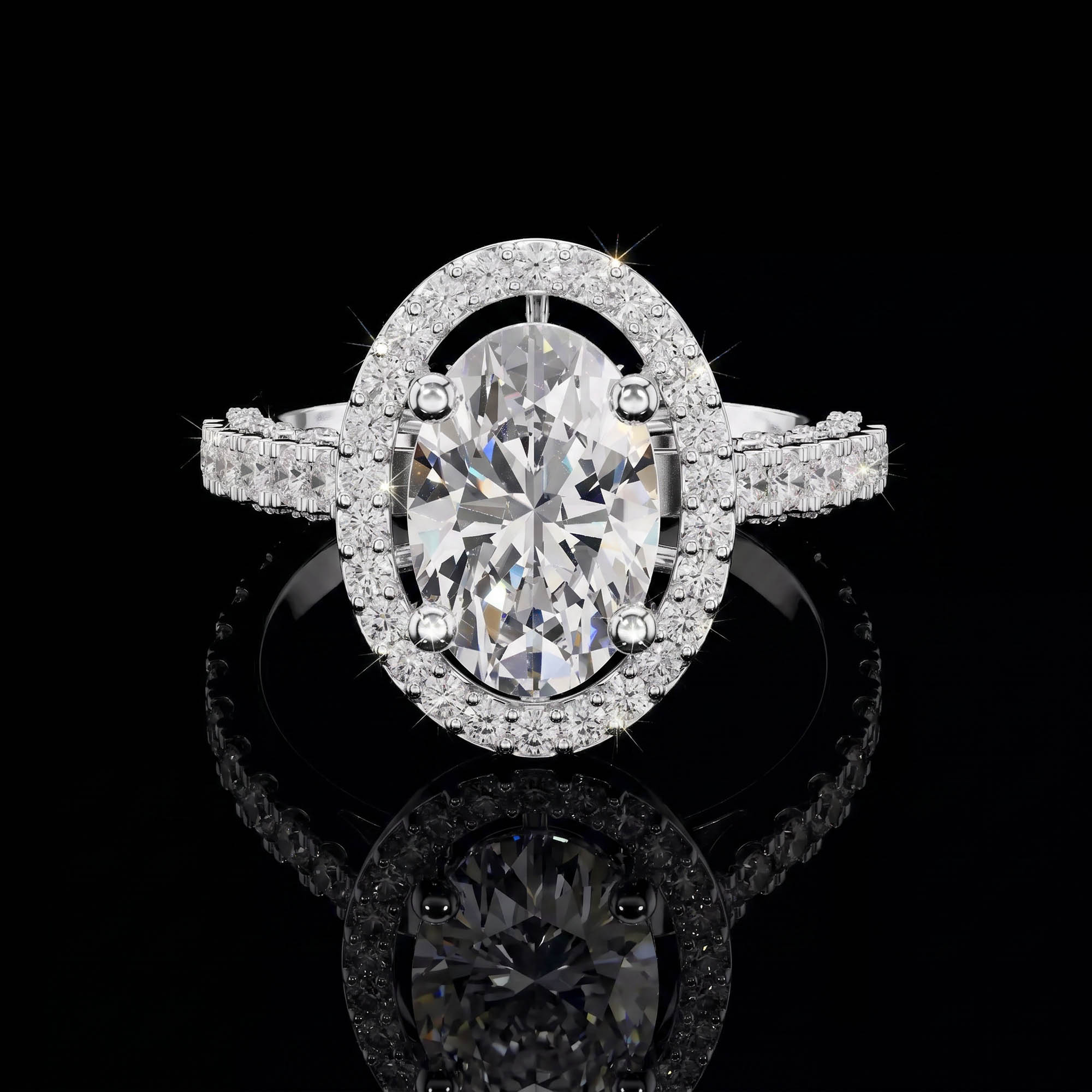 Aura 2,59 Karat Oval Kesim Çift Sıra Halo ve Pavé Kollu CVD Pırlanta Lab Grown Tektaş Yüzük    (14 ayar 3.73Gr altin)