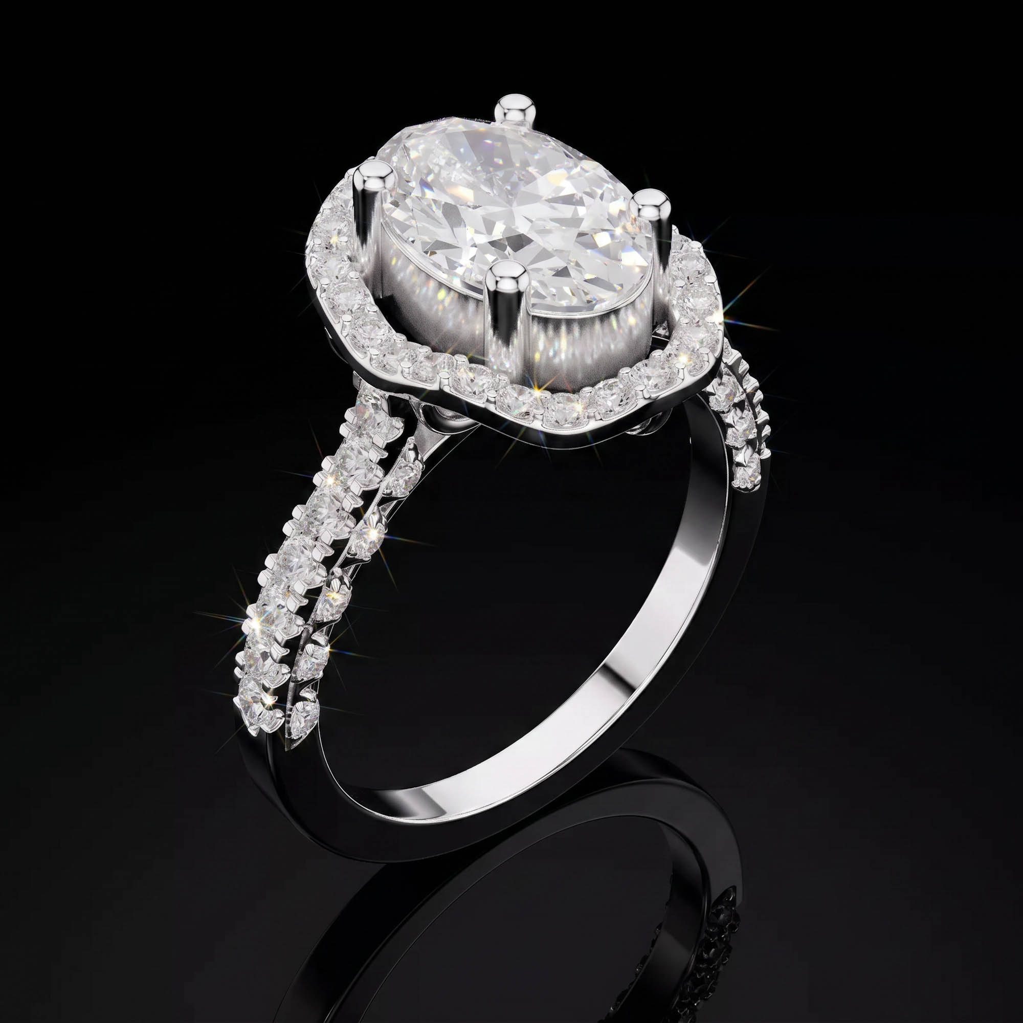 Aura 2,59 Karat Oval Kesim Çift Sıra Halo ve Pavé Kollu CVD Pırlanta Lab Grown Tektaş Yüzük    (14 ayar 3.73Gr altin)
