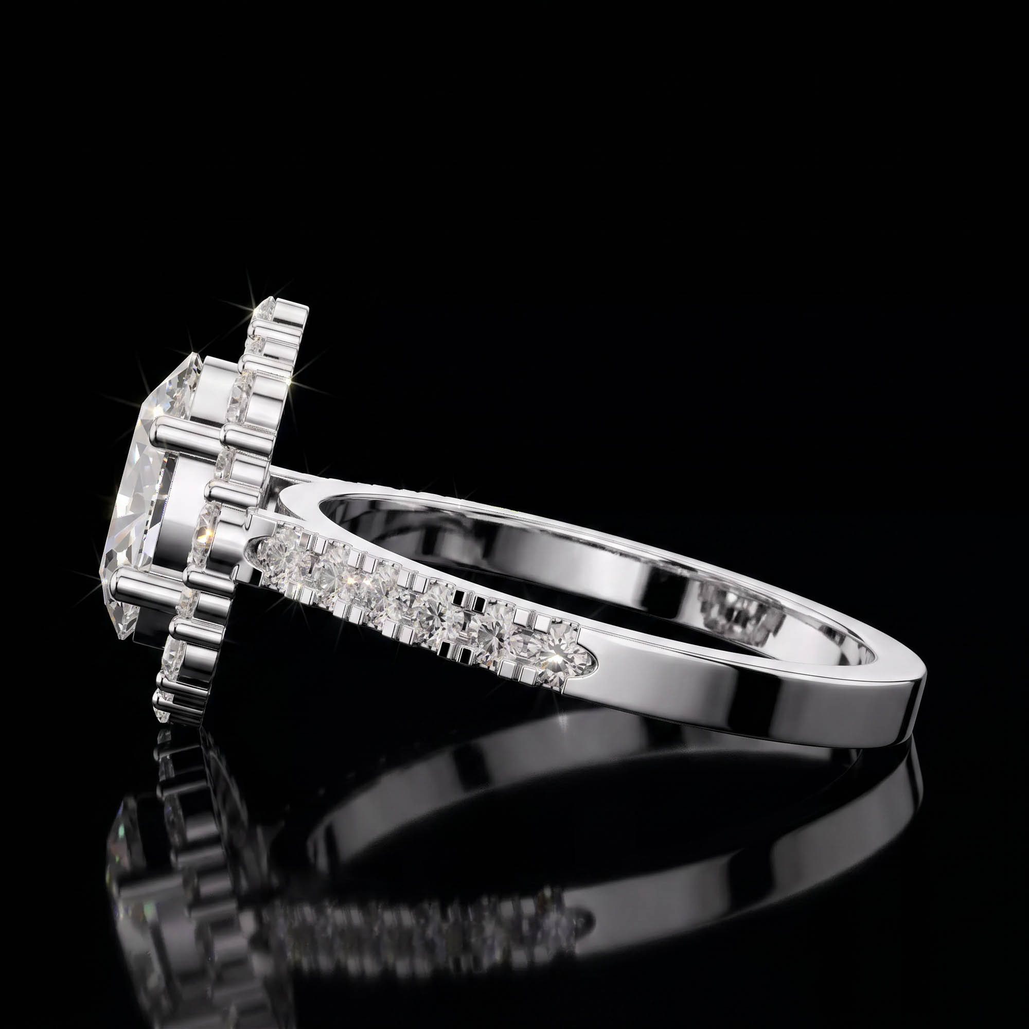 Aura 2,62 Karat Oval Kesim Güneş Halo Pavé Kollu CVD Pırlanta Lab Grown Tektaş Yüzük (14 ayar 2.39Gr altin)