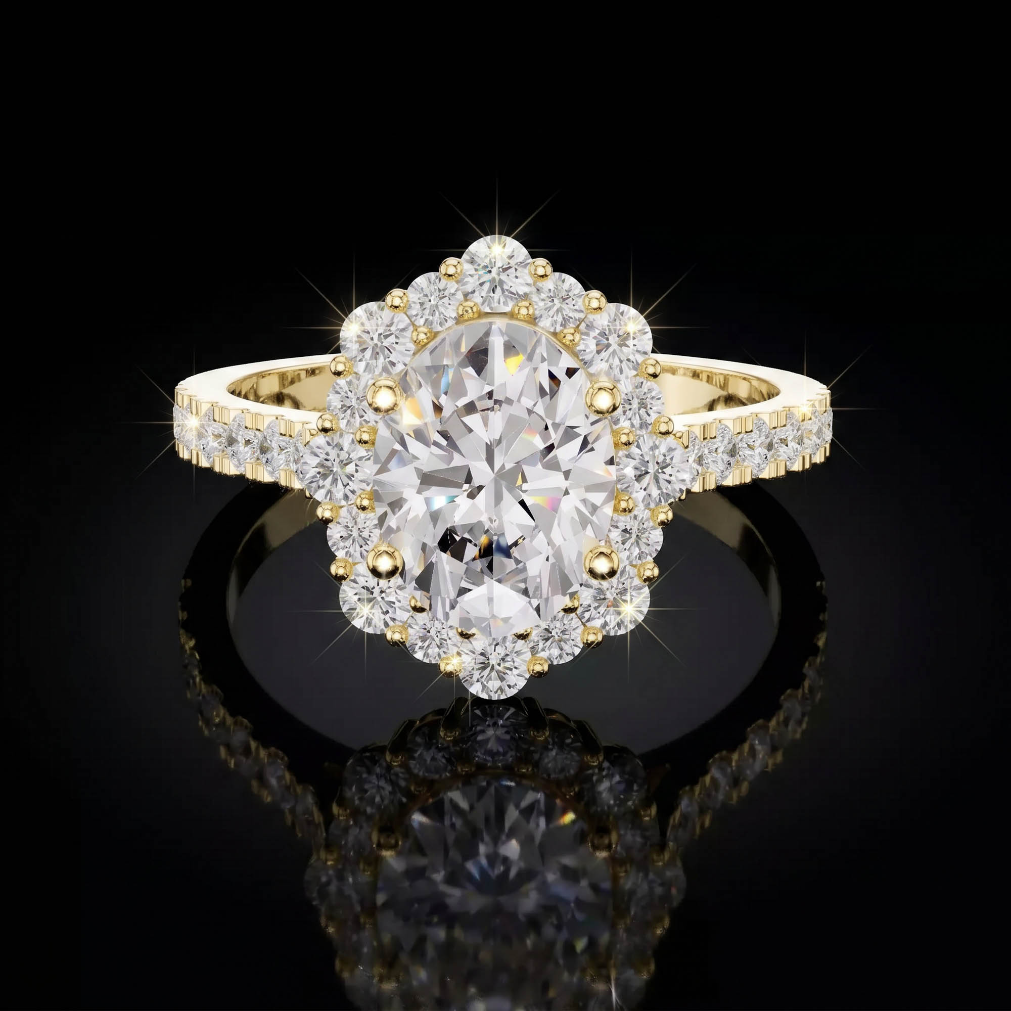 Aura 2,62 Karat Oval Kesim Güneş Halo Pavé Kollu CVD Pırlanta Lab Grown Tektaş Yüzük (14 ayar 2.39Gr altin)