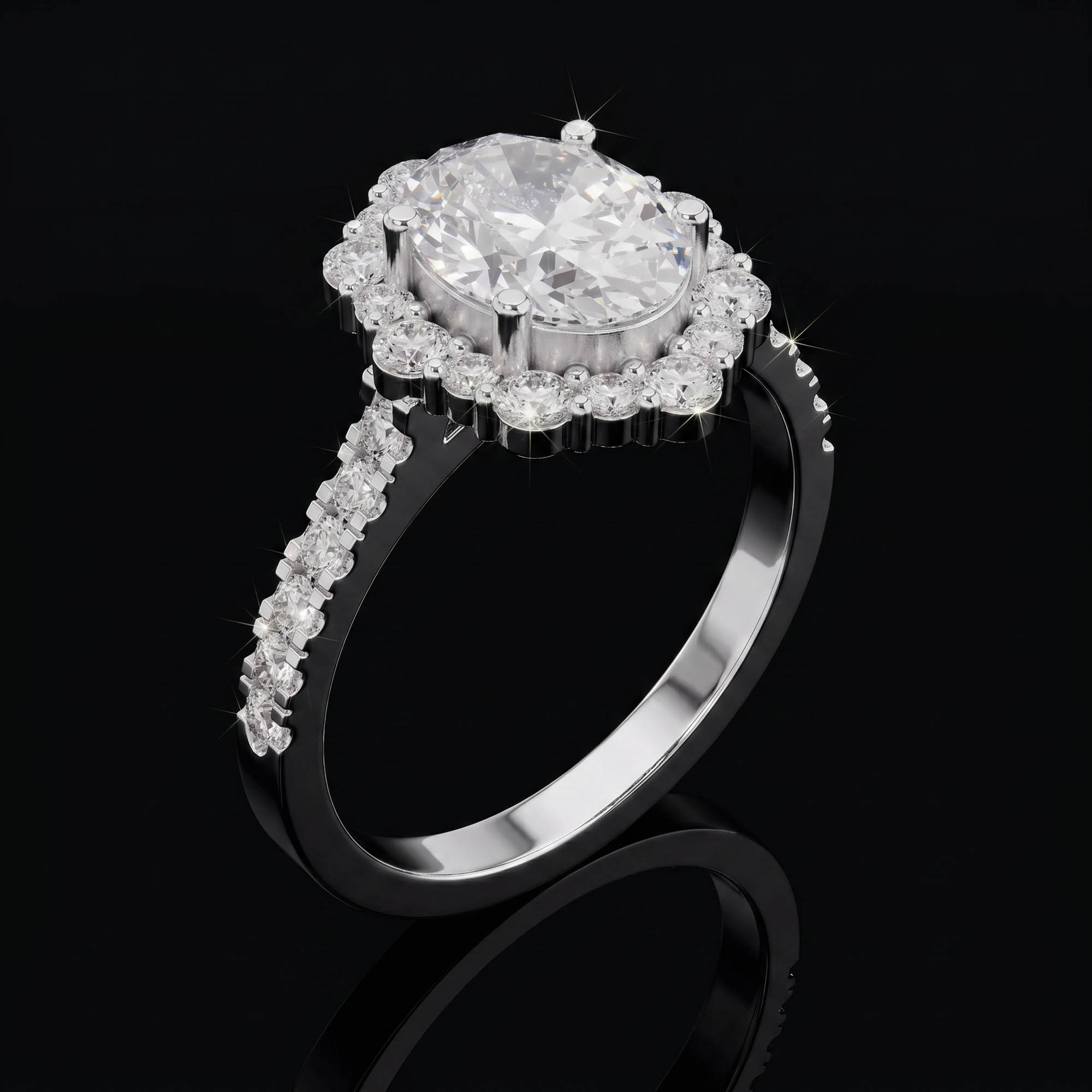Aura 2,62 Karat Oval Kesim Güneş Halo Pavé Kollu CVD Pırlanta Lab Grown Tektaş Yüzük (14 ayar 2.39Gr altin)