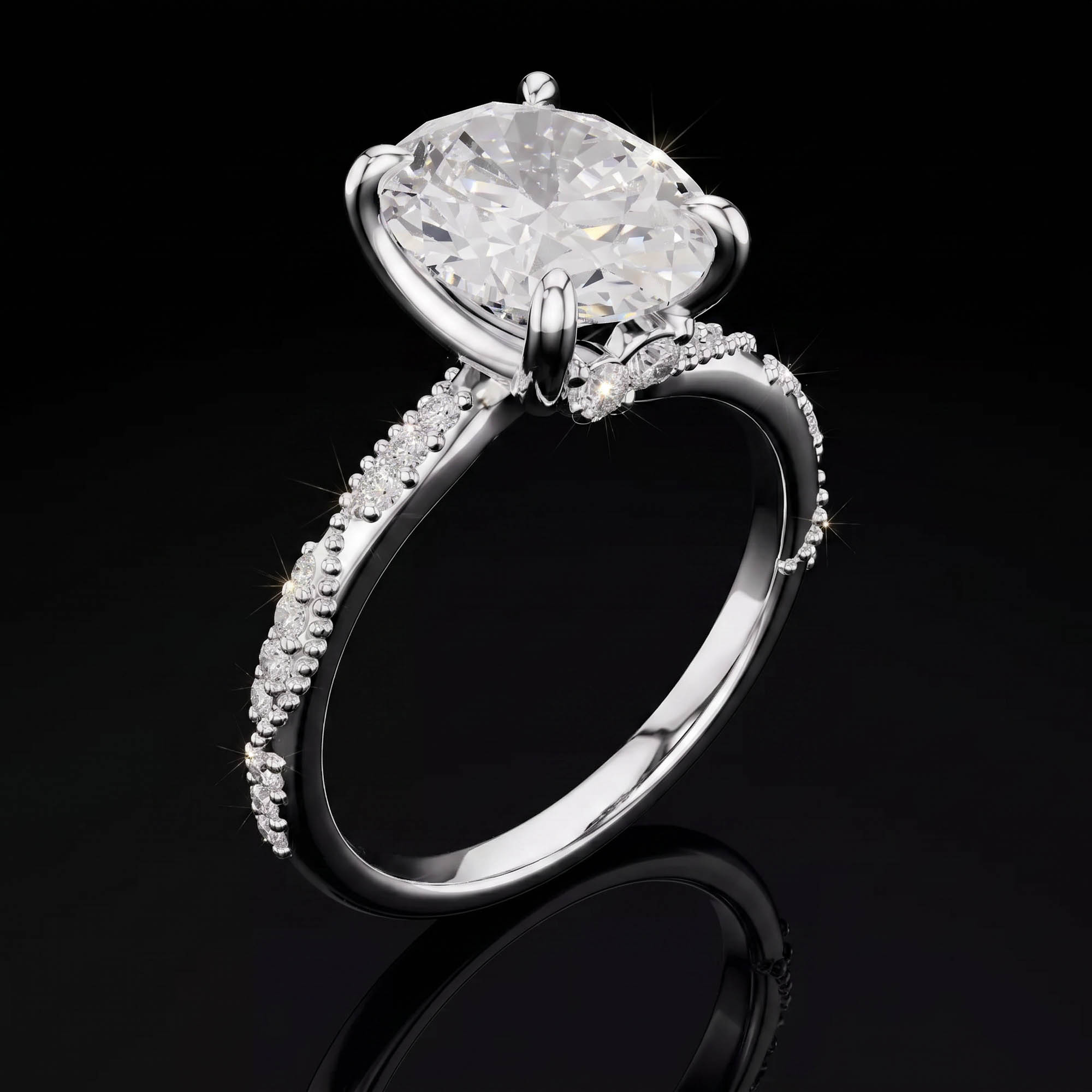 Oval Tektaşlar Aura 2,75 Karat Oval Kesim Markiz Taç Detaylı Sarmaşık Pavé CVD Pırlanta Lab Grown Tektaş Yüzük