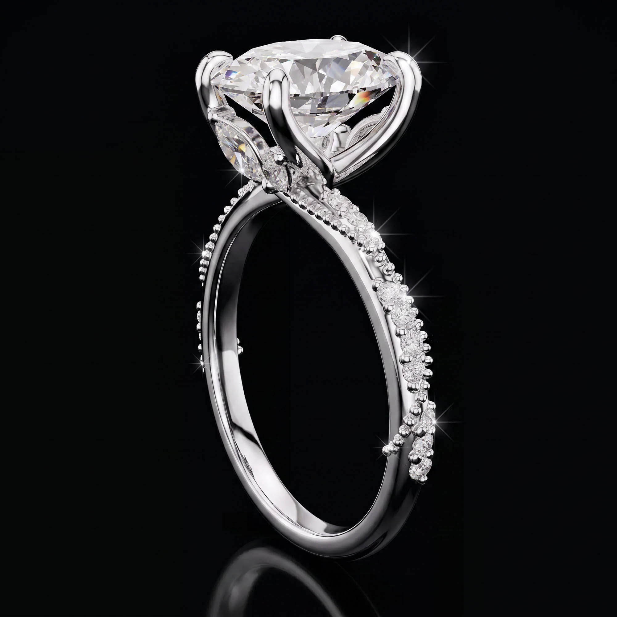 Oval Tektaşlar Aura 2,75 Karat Oval Kesim Markiz Taç Detaylı Sarmaşık Pavé CVD Pırlanta Lab Grown Tektaş Yüzük