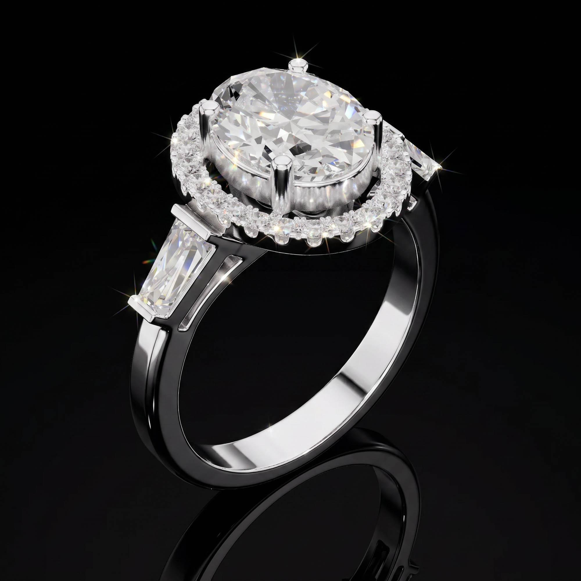 Aura 2,89 Karat Oval Halo ve Trapez Baget Kesim CVD Pırlanta Lab Grown Tria Yüzük    (14 ayar 4.21Gr altin)