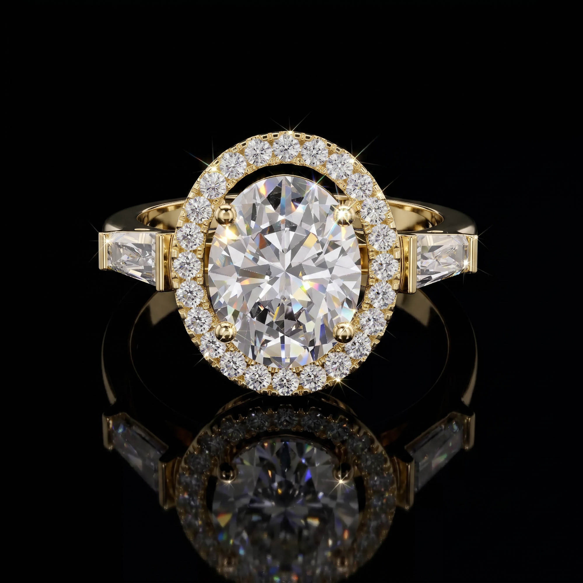 Aura 2,89 Karat Oval Halo ve Trapez Baget Kesim CVD Pırlanta Lab Grown Tria Yüzük    (14 ayar 4.21Gr altin)