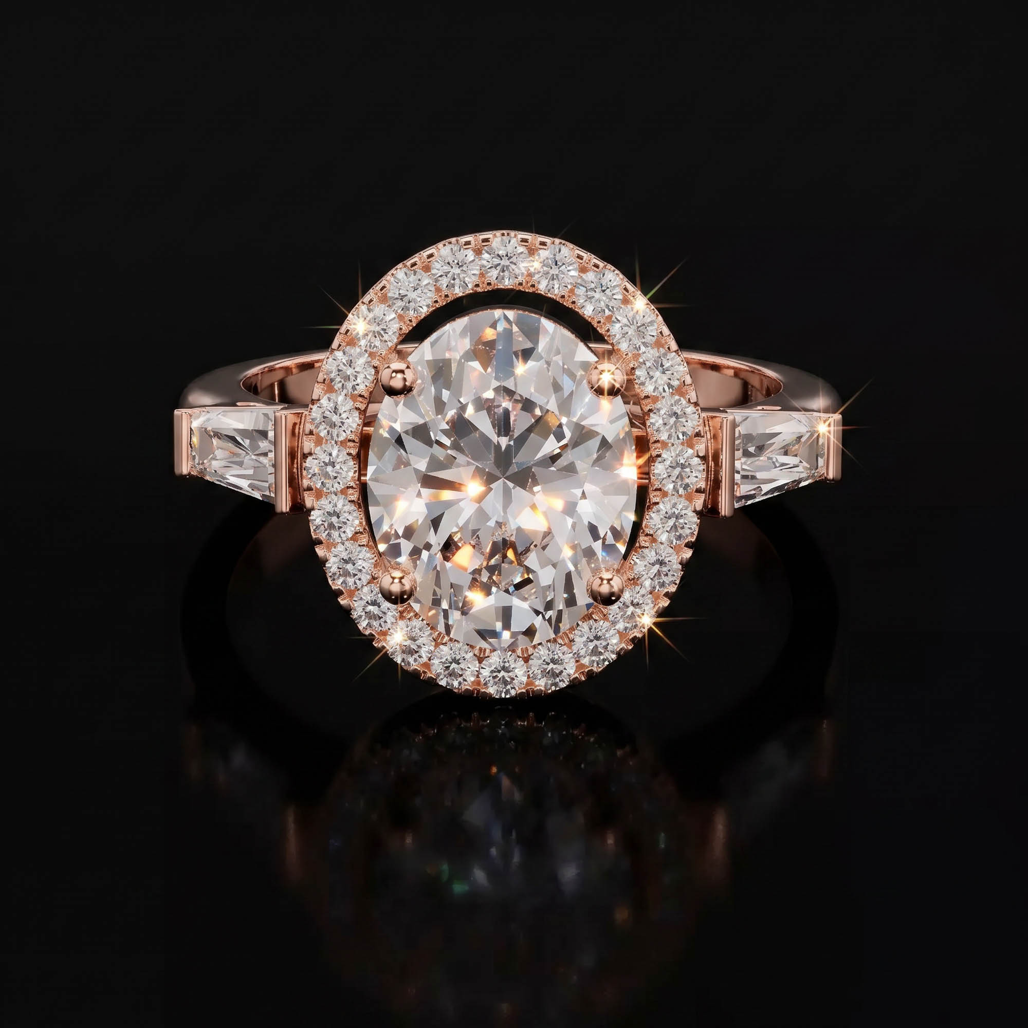 Aura 2,89 Karat Oval Halo ve Trapez Baget Kesim CVD Pırlanta Lab Grown Tria Yüzük    (14 ayar 4.21Gr altin)