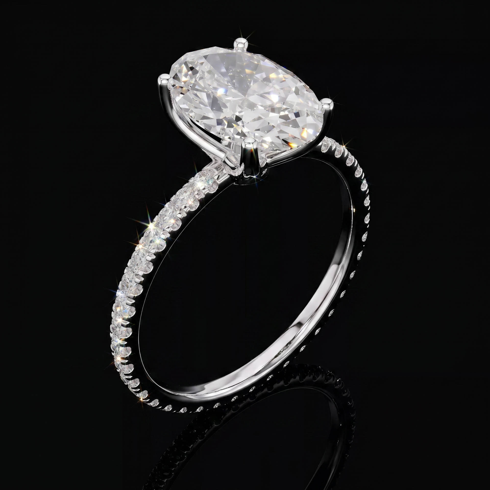 Aura 2,94 Karat Oval Kesim Tamtur Pavé Kollu CVD Pırlanta Lab Grown Tektaş Yüzük    (14 ayar 1.74Gr altin)