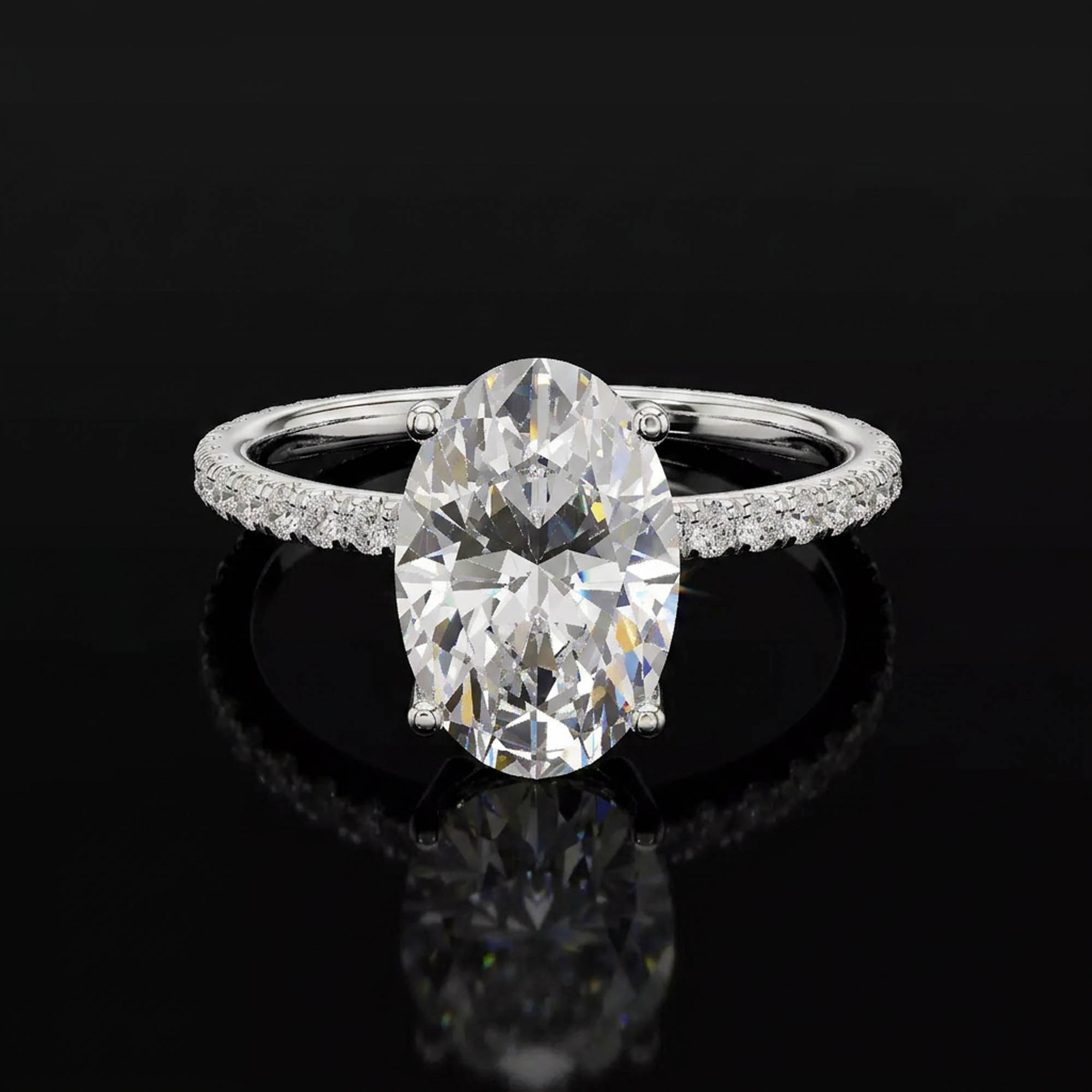 Aura 2,94 Karat Oval Kesim Tamtur Pavé Kollu CVD Pırlanta Lab Grown Tektaş Yüzük    (14 ayar 1.74Gr altin)