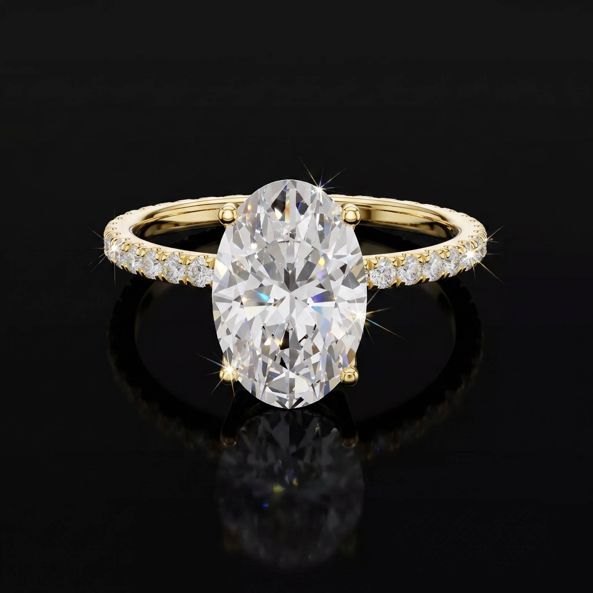 Oval Tektaşlar Aura 2,94 Karat Oval Kesim Tamtur Pavé Kollu CVD Pırlanta Lab Grown Tektaş Yüzük