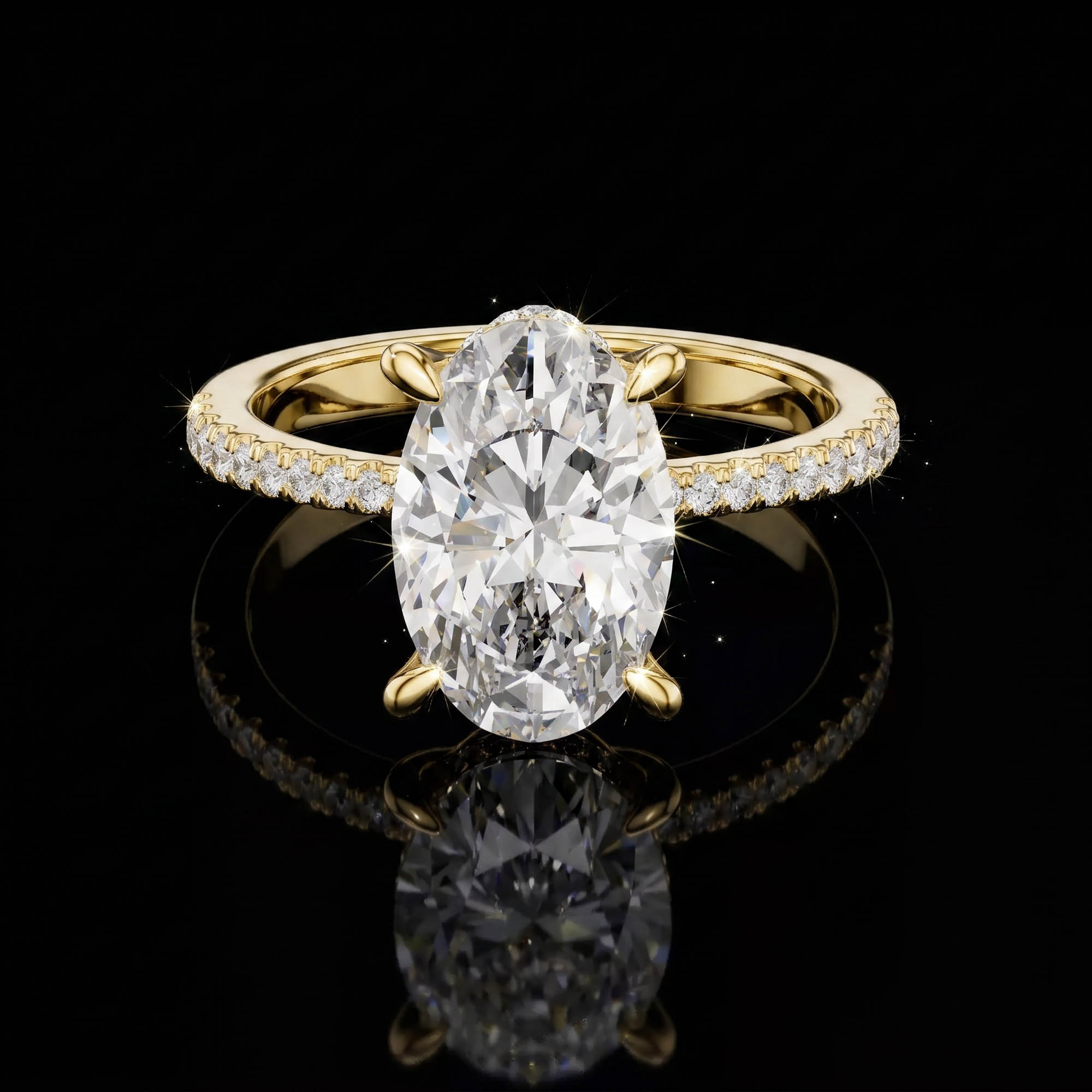 Aura 3,34 Karat Oval Kesim Çift Sıra Gizli Halo Pavé Kollu CVD Pırlanta Lab Grown Tektaş Yüzük (14 ayar 3.15Gr altin)