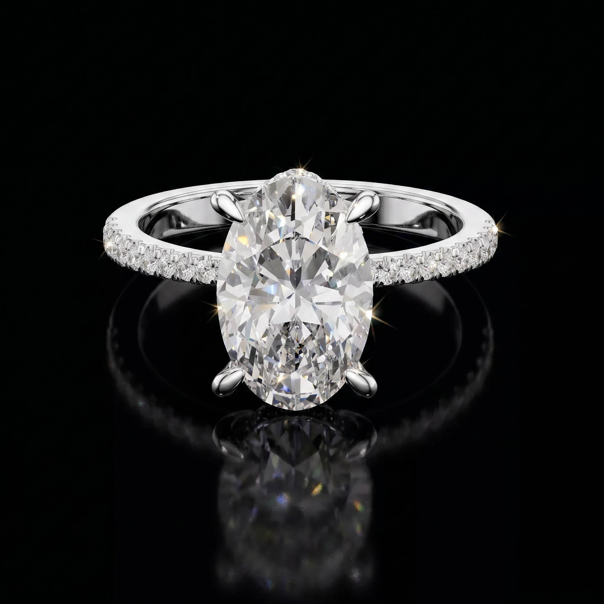 Aura 3,34 Karat Oval Kesim Çift Sıra Gizli Halo Pavé Kollu CVD Pırlanta Lab Grown Tektaş Yüzük (14 ayar 3.15Gr altin)