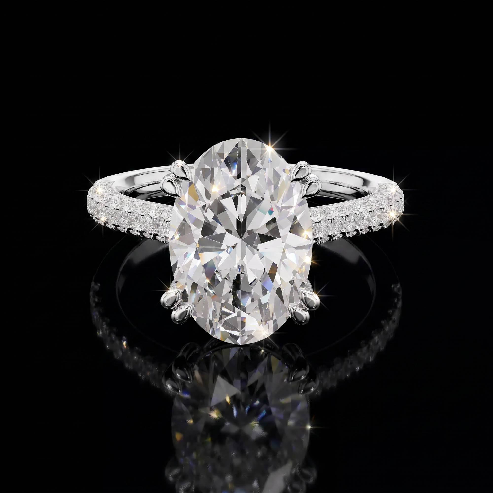 Oval Tektaşlar Aura 4,39 Karat Oval Kesim Çift Tırnaklı Çok Sıra Pavé Kollu CVD Pırlanta Lab Grown Tektaş Yüzük