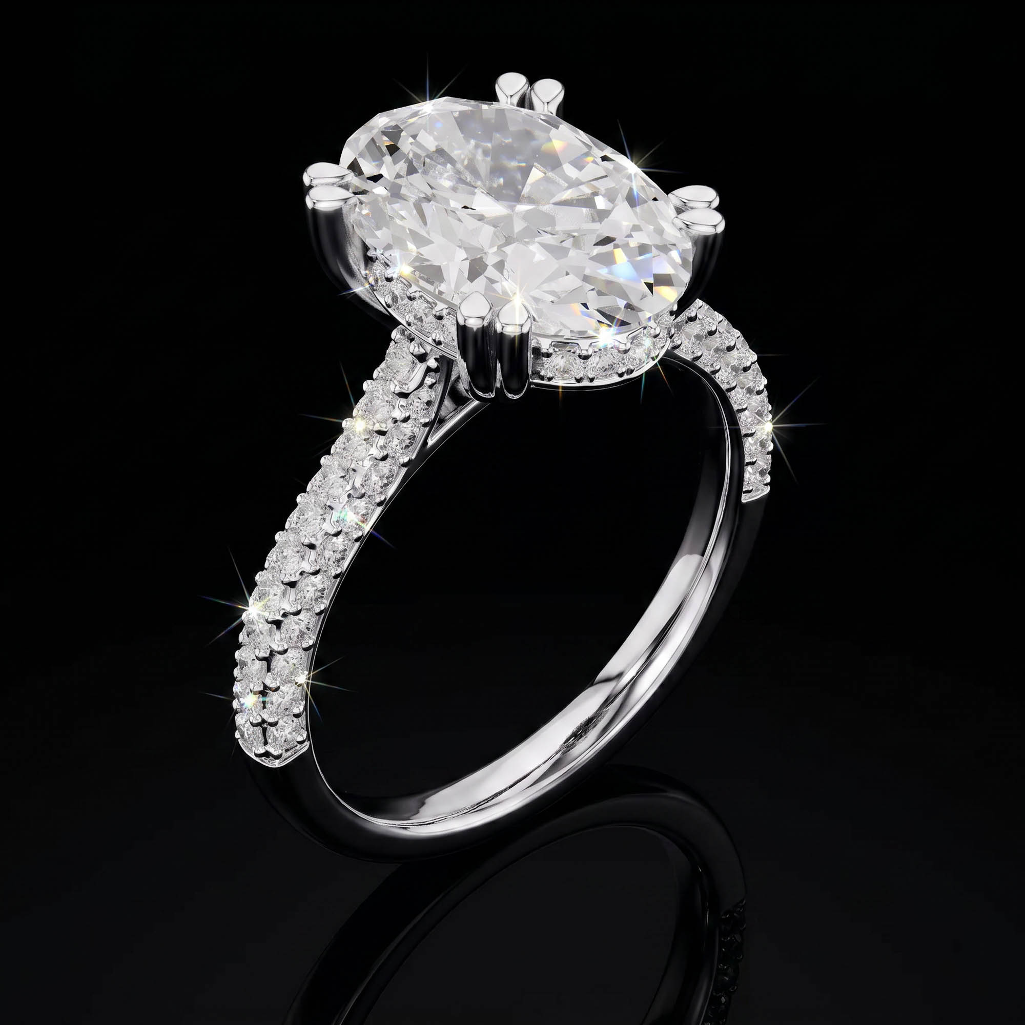Oval Tektaşlar Aura 4,39 Karat Oval Kesim Çift Tırnaklı Çok Sıra Pavé Kollu CVD Pırlanta Lab Grown Tektaş Yüzük