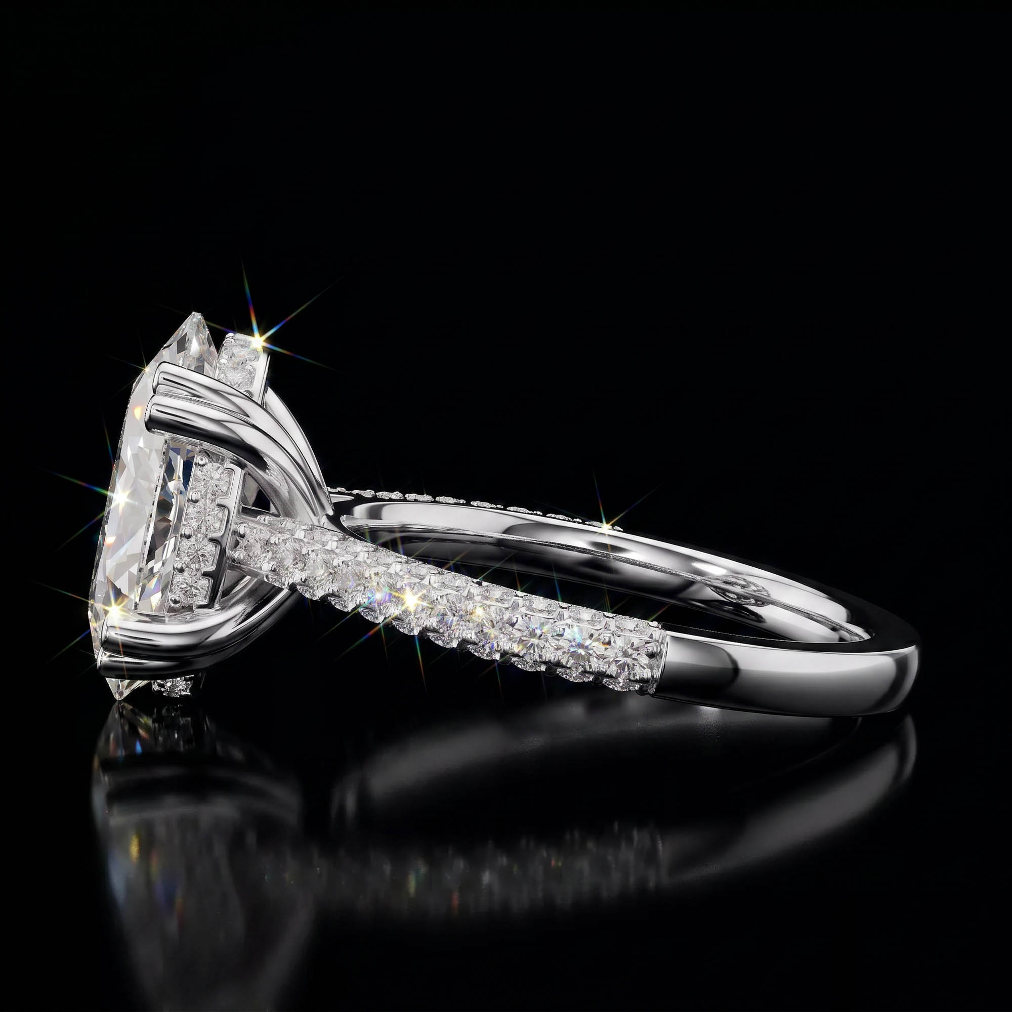 Oval Tektaşlar Aura 4,39 Karat Oval Kesim Çift Tırnaklı Çok Sıra Pavé Kollu CVD Pırlanta Lab Grown Tektaş Yüzük