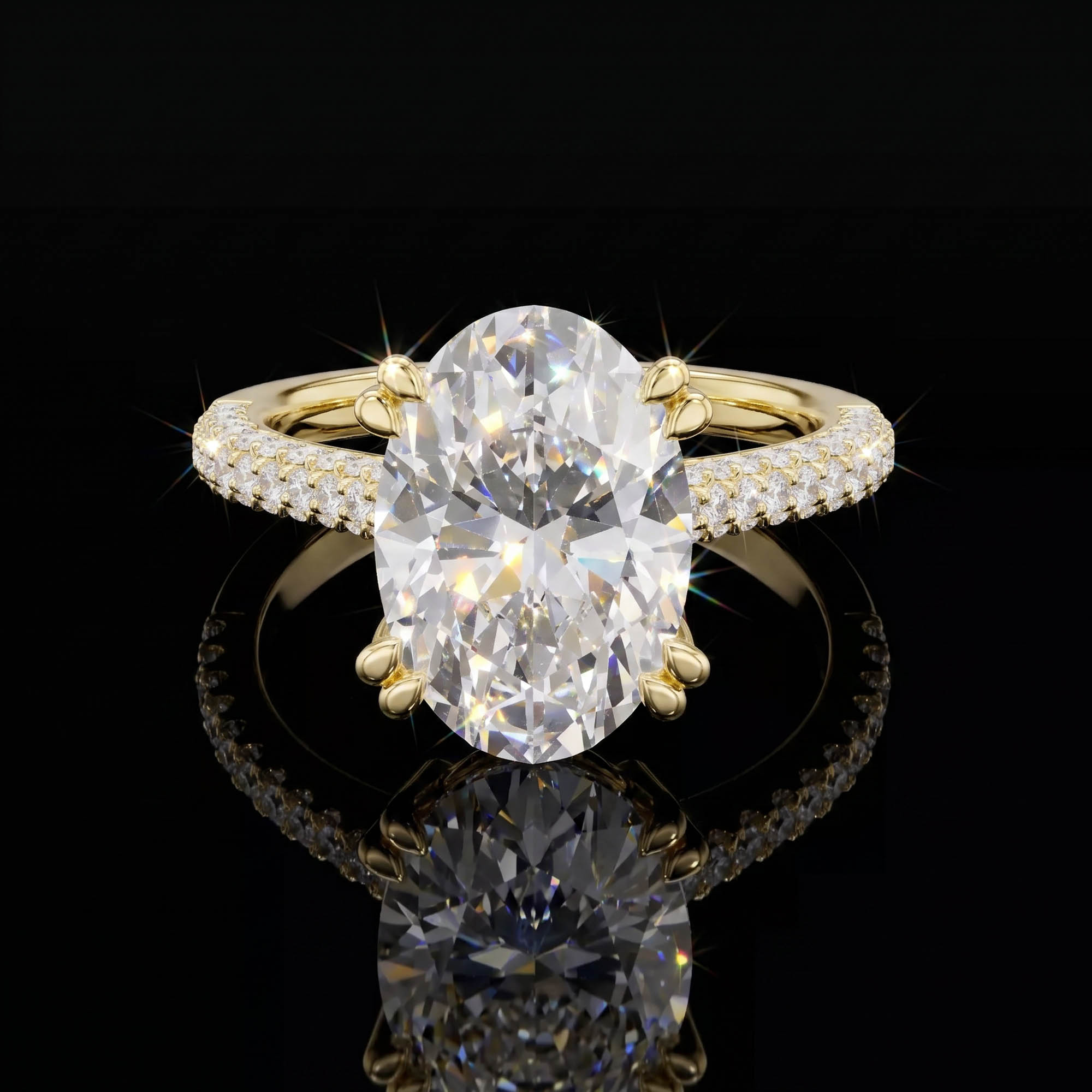 Oval Tektaşlar Aura 4,39 Karat Oval Kesim Çift Tırnaklı Çok Sıra Pavé Kollu CVD Pırlanta Lab Grown Tektaş Yüzük