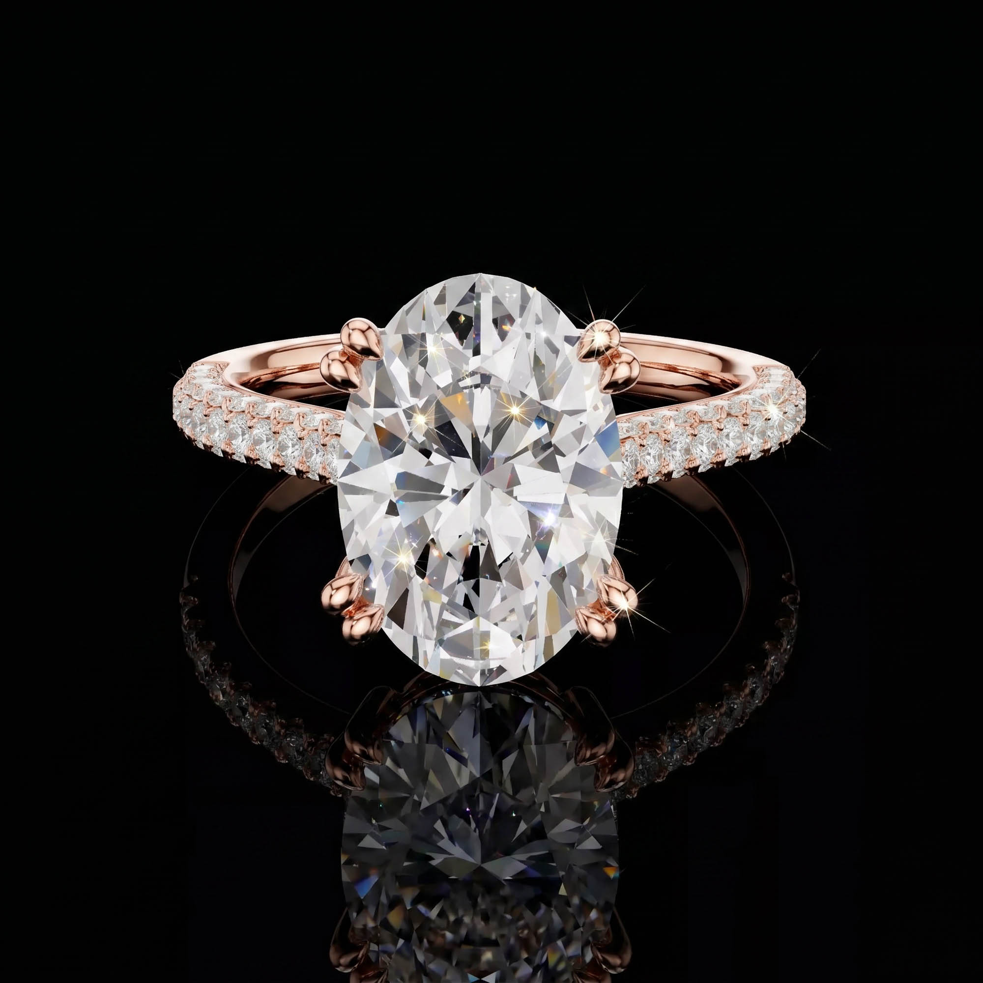 Aura 4,57 Karat Oval Kesim Çift Tırnaklı Çok Sıra Pavé Kollu CVD Pırlanta Lab Grown Tektaş Yüzük (14 ayar 4.67Gr altin)