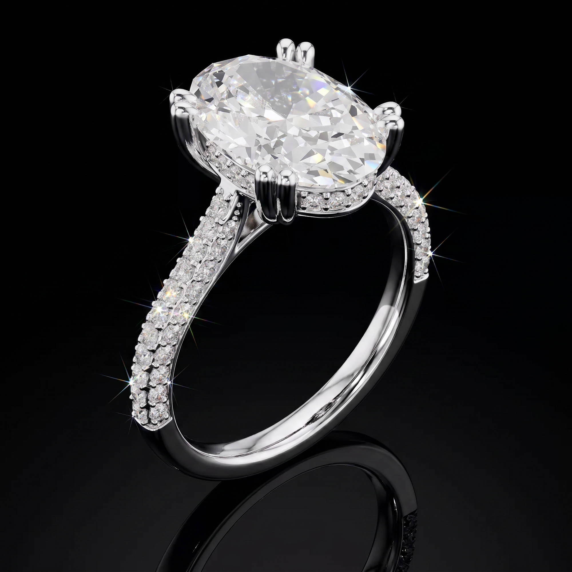 Aura 4,57 Karat Oval Kesim Çift Tırnaklı Çok Sıra Pavé Kollu CVD Pırlanta Lab Grown Tektaş Yüzük (14 ayar 4.67Gr altin)