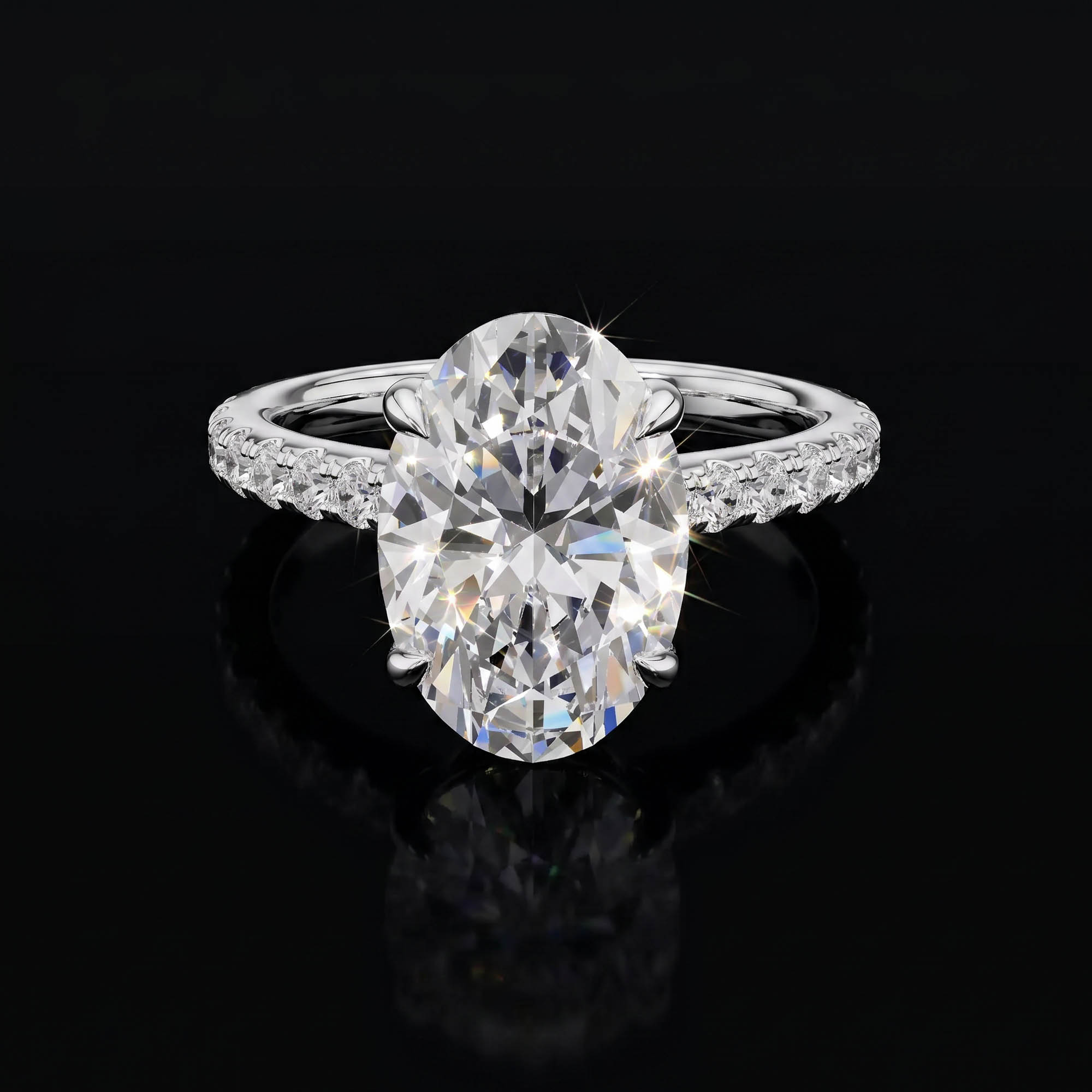 Oval Tektaşlar Aura 4,58 Karat Oval Kesim Gizli Halo Pavé Kollu CVD Pırlanta Lab Grown Tektaş Yüzük