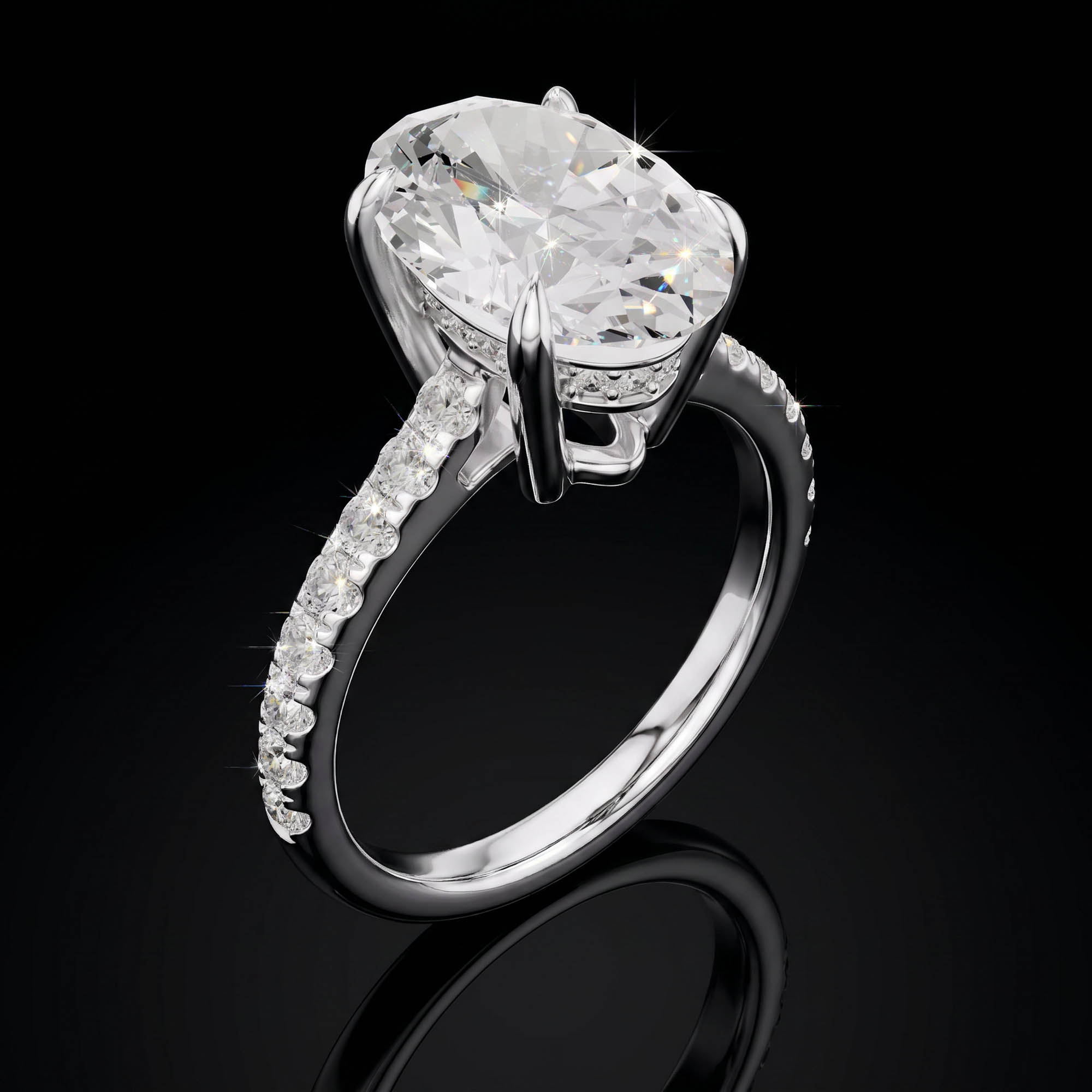 Oval Tektaşlar Aura 4,58 Karat Oval Kesim Gizli Halo Pavé Kollu CVD Pırlanta Lab Grown Tektaş Yüzük