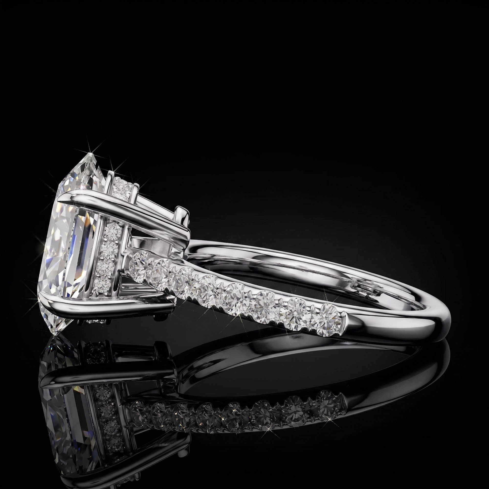 Oval Tektaşlar Aura 4,58 Karat Oval Kesim Gizli Halo Pavé Kollu CVD Pırlanta Lab Grown Tektaş Yüzük
