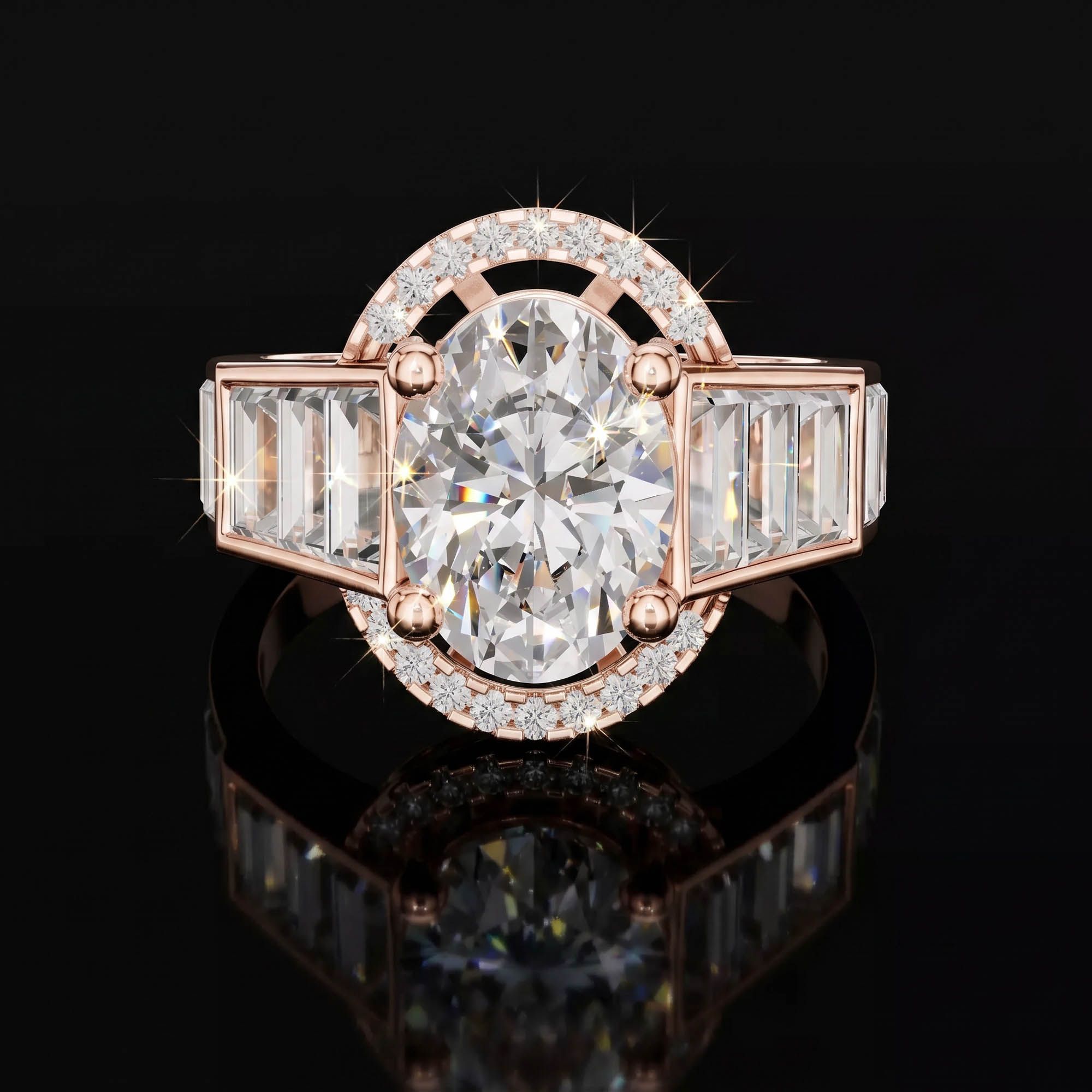 Oval Tektaşlar Aura 5,50 Karat Oval Halo ve Kademeli Baget Taşlı Katedral CVD Pırlanta Lab Grown Yüzük