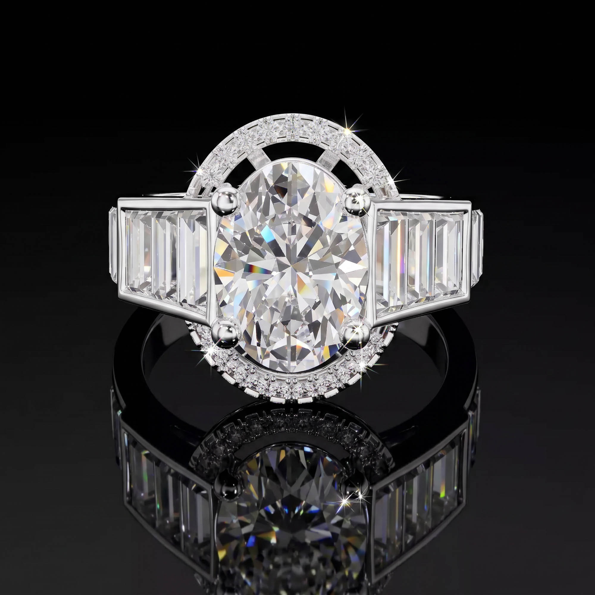 Oval Tektaşlar Aura 5,50 Karat Oval Halo ve Kademeli Baget Taşlı Katedral CVD Pırlanta Lab Grown Yüzük