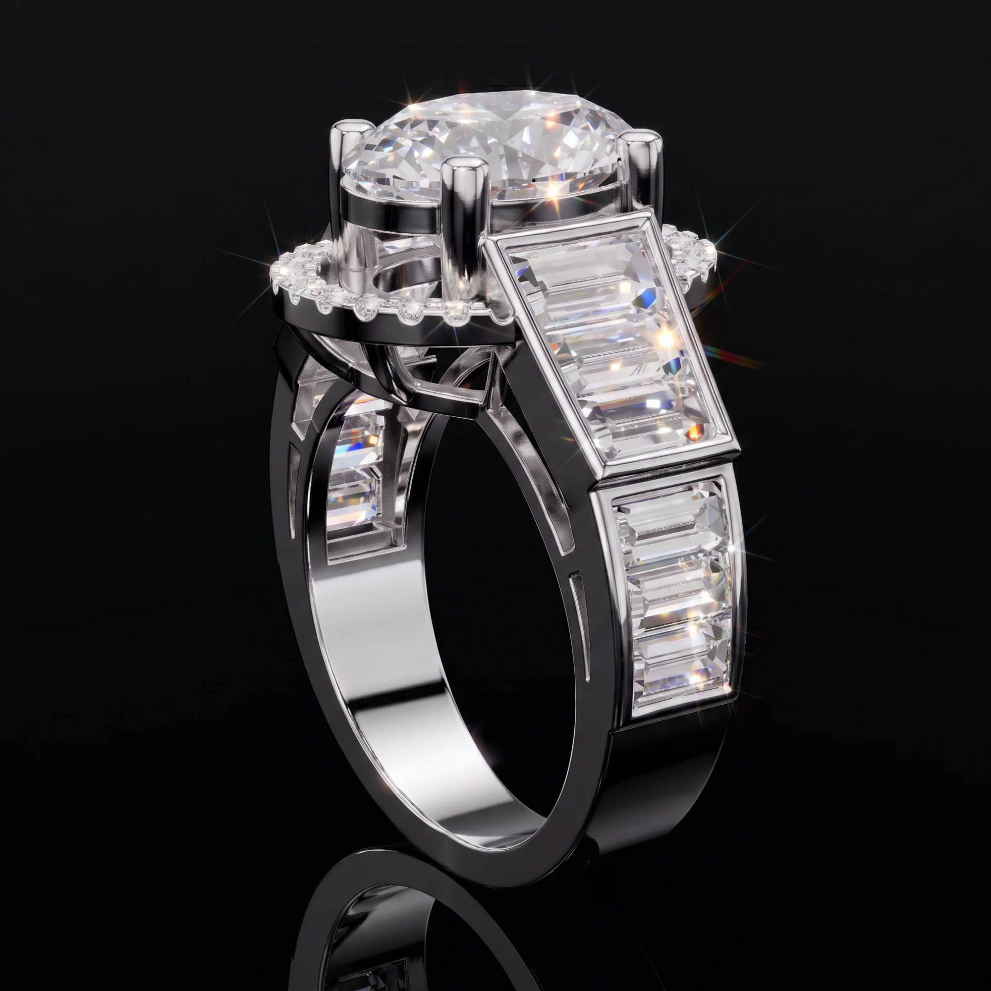 Oval Tektaşlar Aura 5,50 Karat Oval Halo ve Kademeli Baget Taşlı Katedral CVD Pırlanta Lab Grown Yüzük